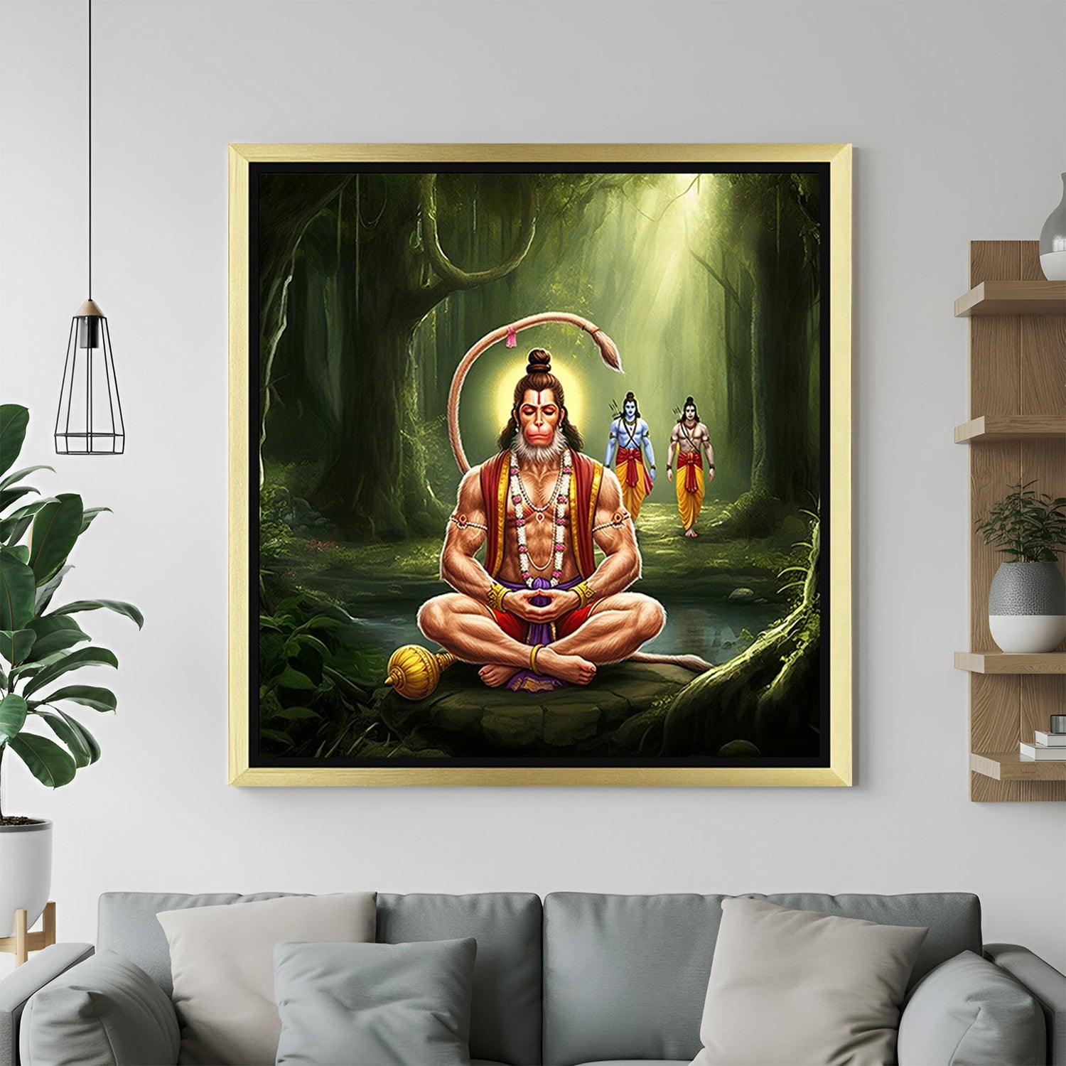 Golden frame Hanuman canvas art exuding sacred energy and divine power for vastu-based spiritual decor in home or office spaces