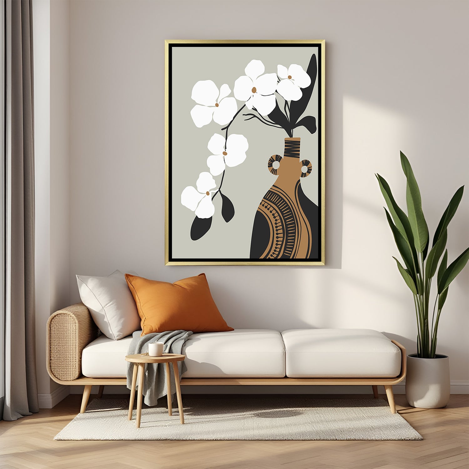 Golden frame boho canvas featuring minimalist white flowers in a Japanese vase with neutral tones