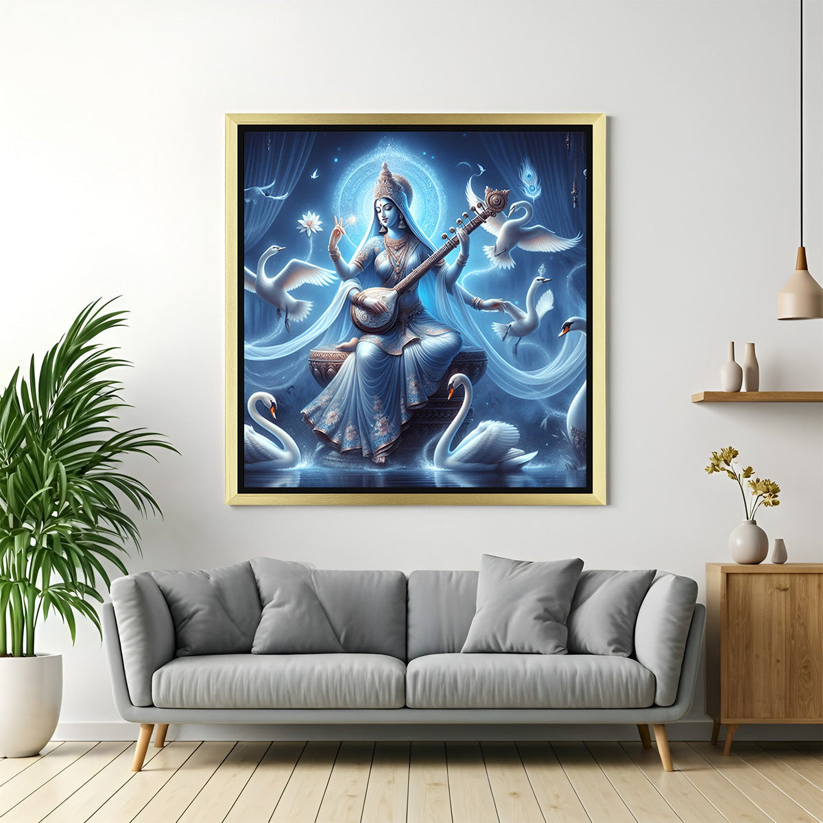 Golden framed canvas of Maa Saraswati radiating sacred energy, ideal for vastu-based wall decor in study rooms or meditation zones