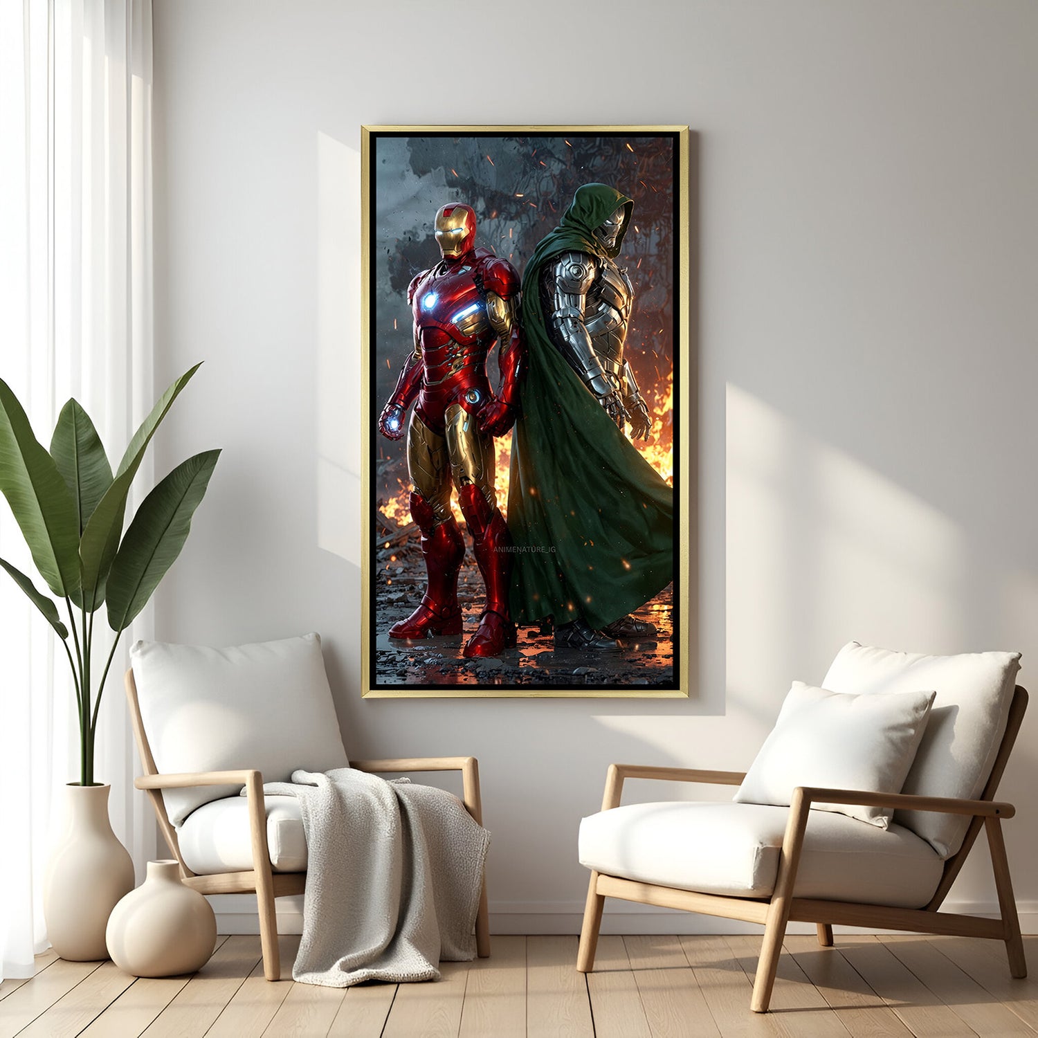 High-impact superhero canvas art – golden floater frame adds luxury to the Iron Man vs. Dr. Doom scene.