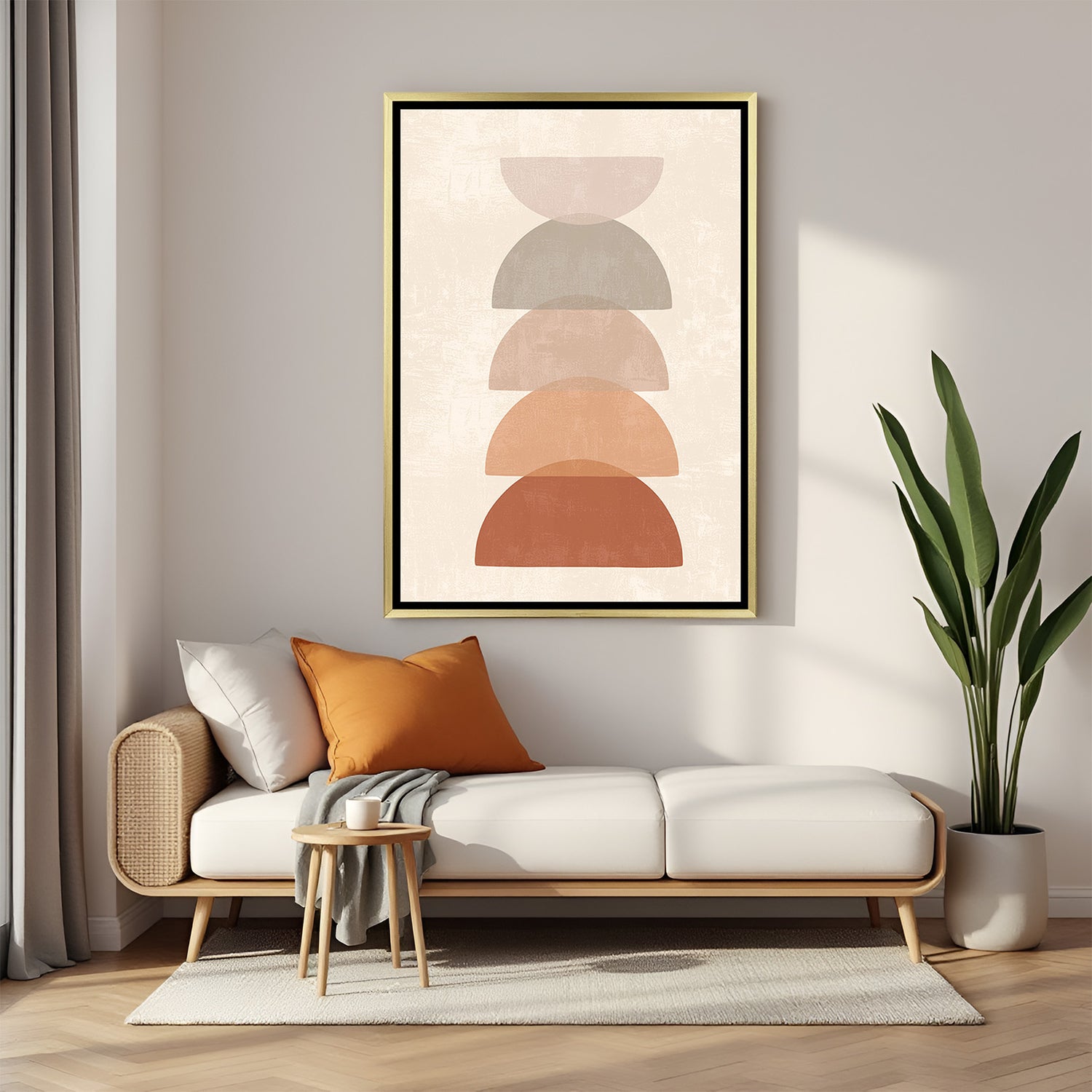 Golden frame canvas showing pastel semi-circles stacked neatly with light earthy tones and inverted base