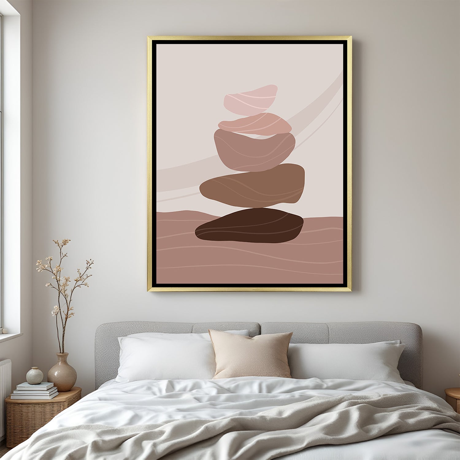 Golden floater canvas art featuring abstract pebble stack in calming natural earthy colors