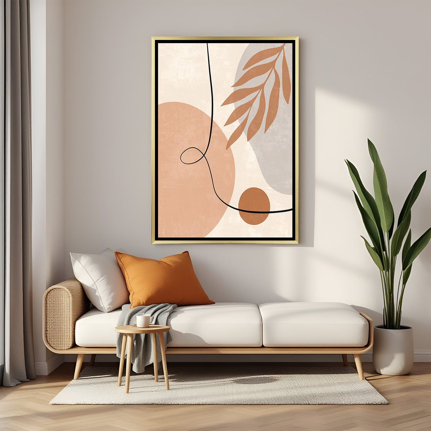 Golden floater frame canvas art with random pastel shapes in a modern minimalist style