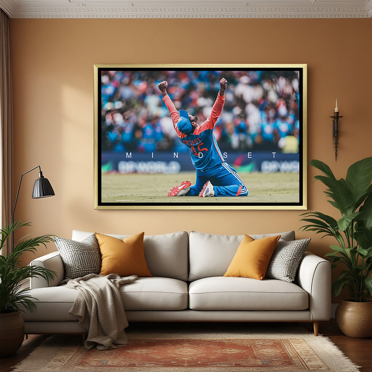Golden floater frame canvas of Rohit Sharma in India jersey celebrating with Mindset quote