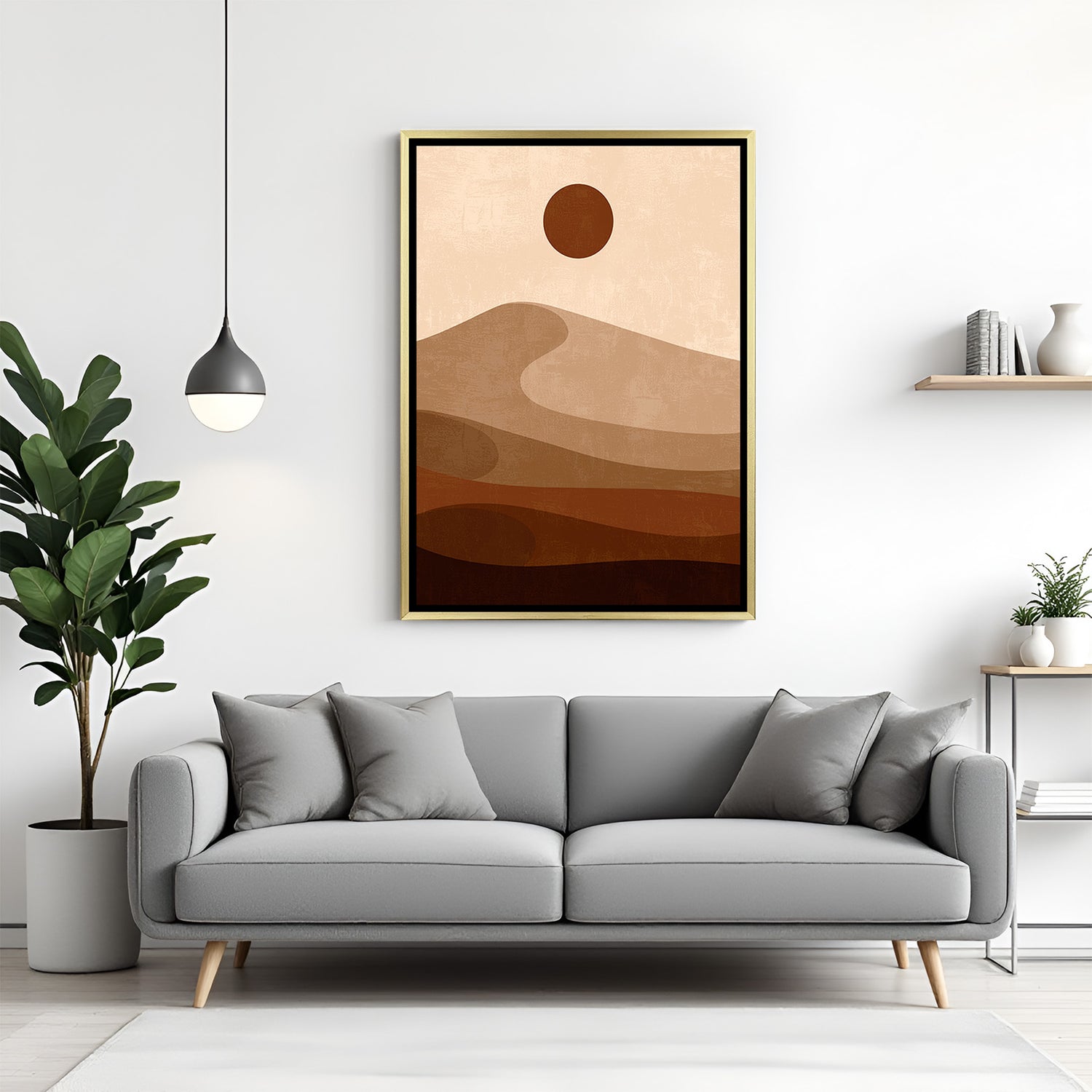Golden framed artwork with desert sun, smooth sandy shapes, and neutral boho aesthetic