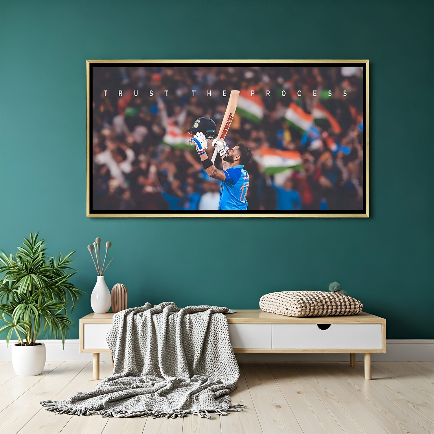 Golden floater frame canvas showing Virat Kohli’s victory moment with motivational energy
