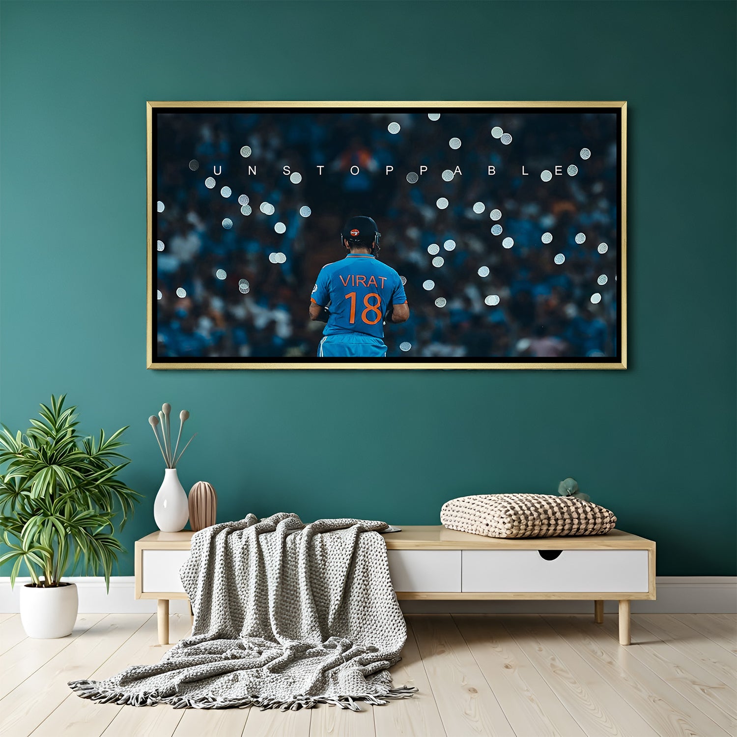 Golden floater frame motivational canvas with Virat Kohli in India jersey looking at crown