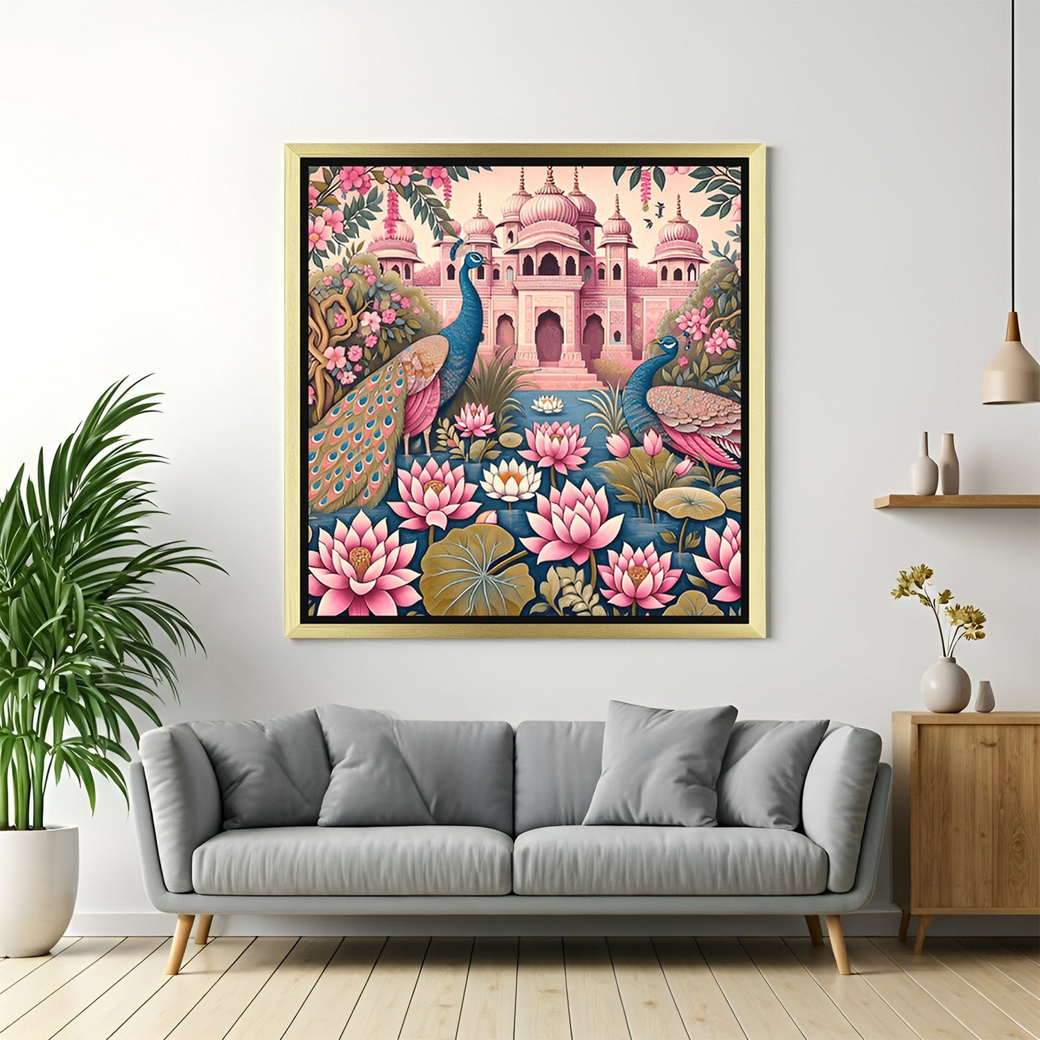 Golden frame vastu canvas art of peacock pair enhancing love, beauty, and spiritual balance in modern home interiors