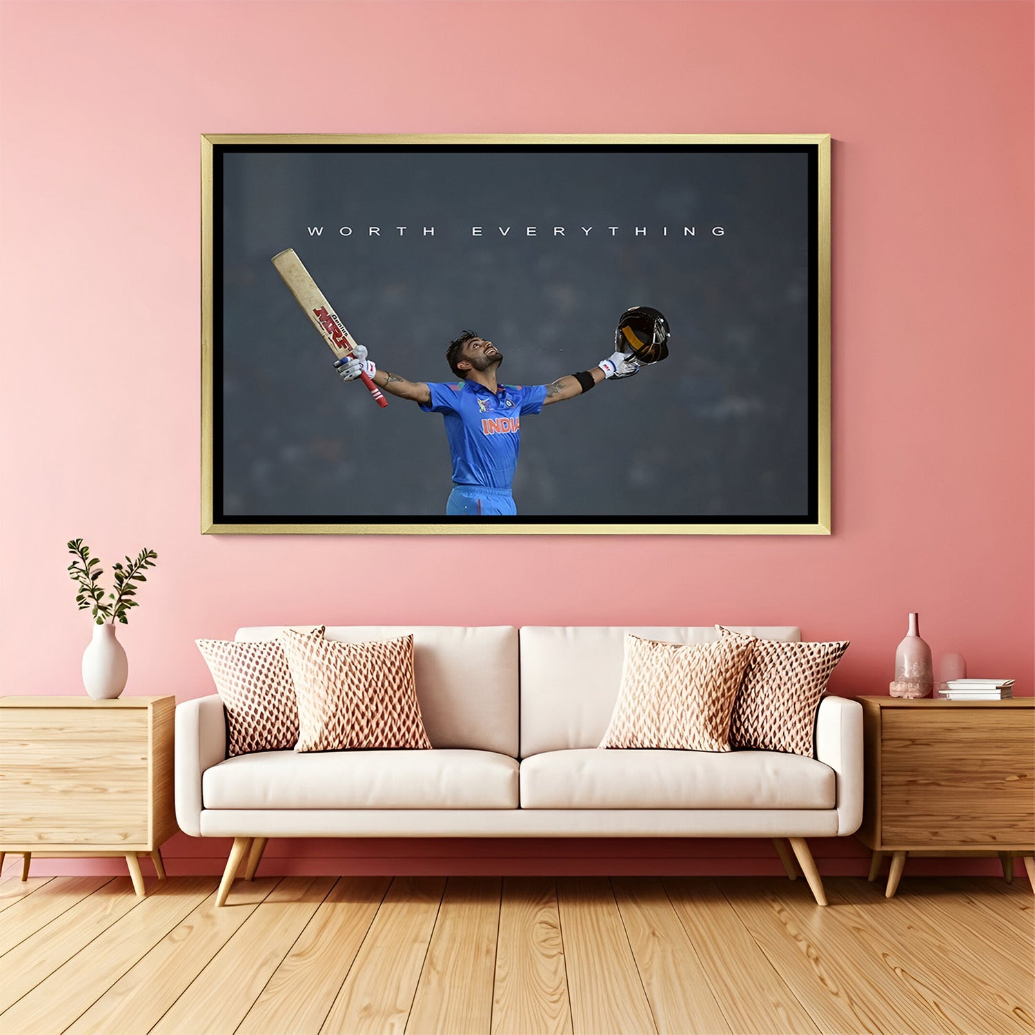 Golden floater frame canvas with cricketer celebrating with arms spread and bold Worth Everything quote