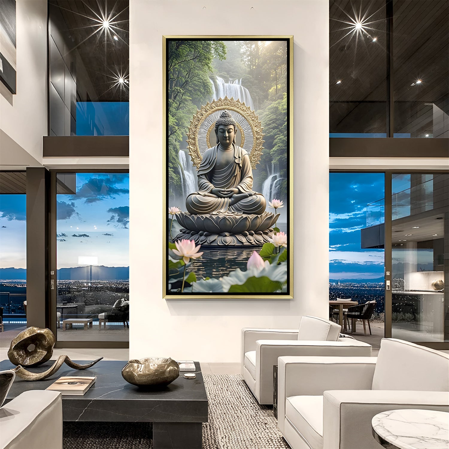 Serene Buddha and waterfall artwork in white frame for calm interiors.