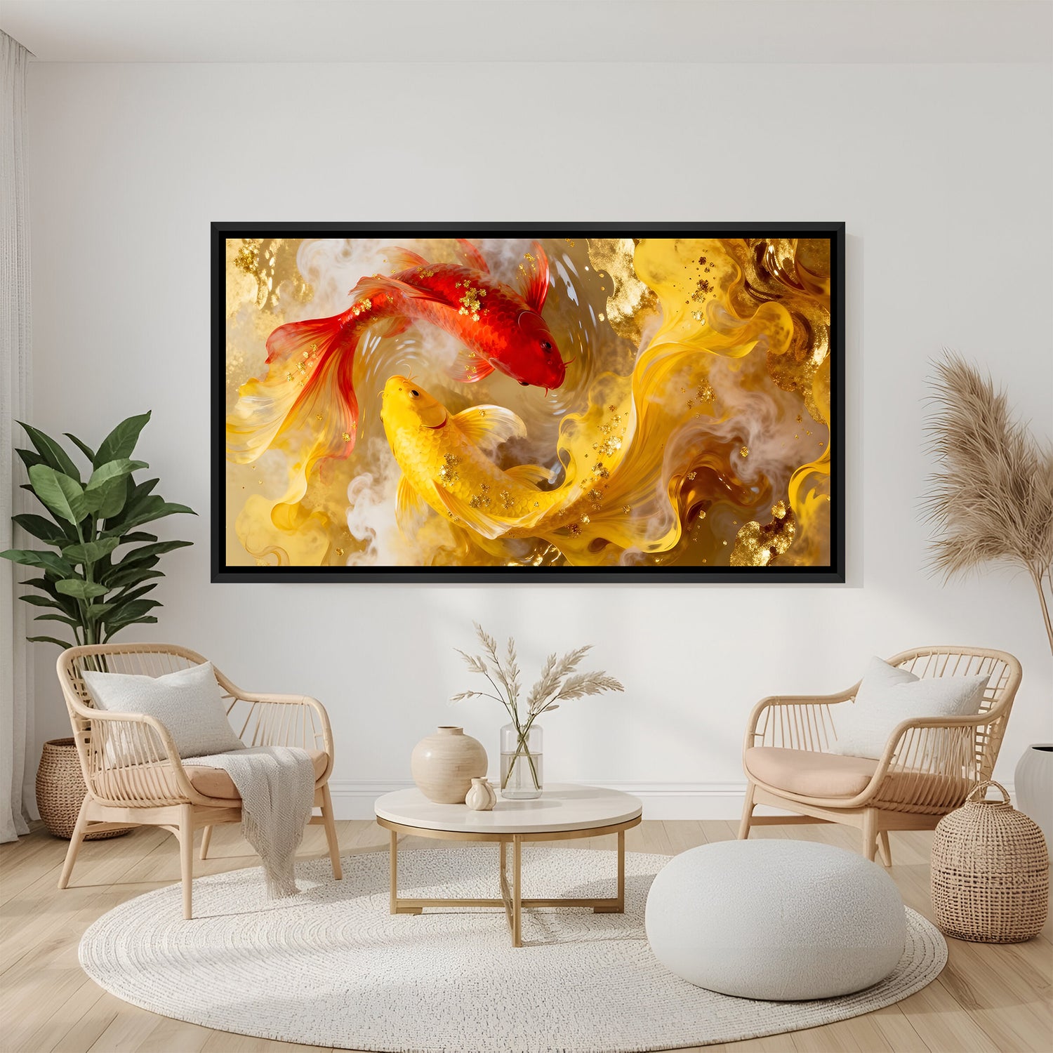 Elegant koi fish artwork with radiant golden swirls in modern black floater frame