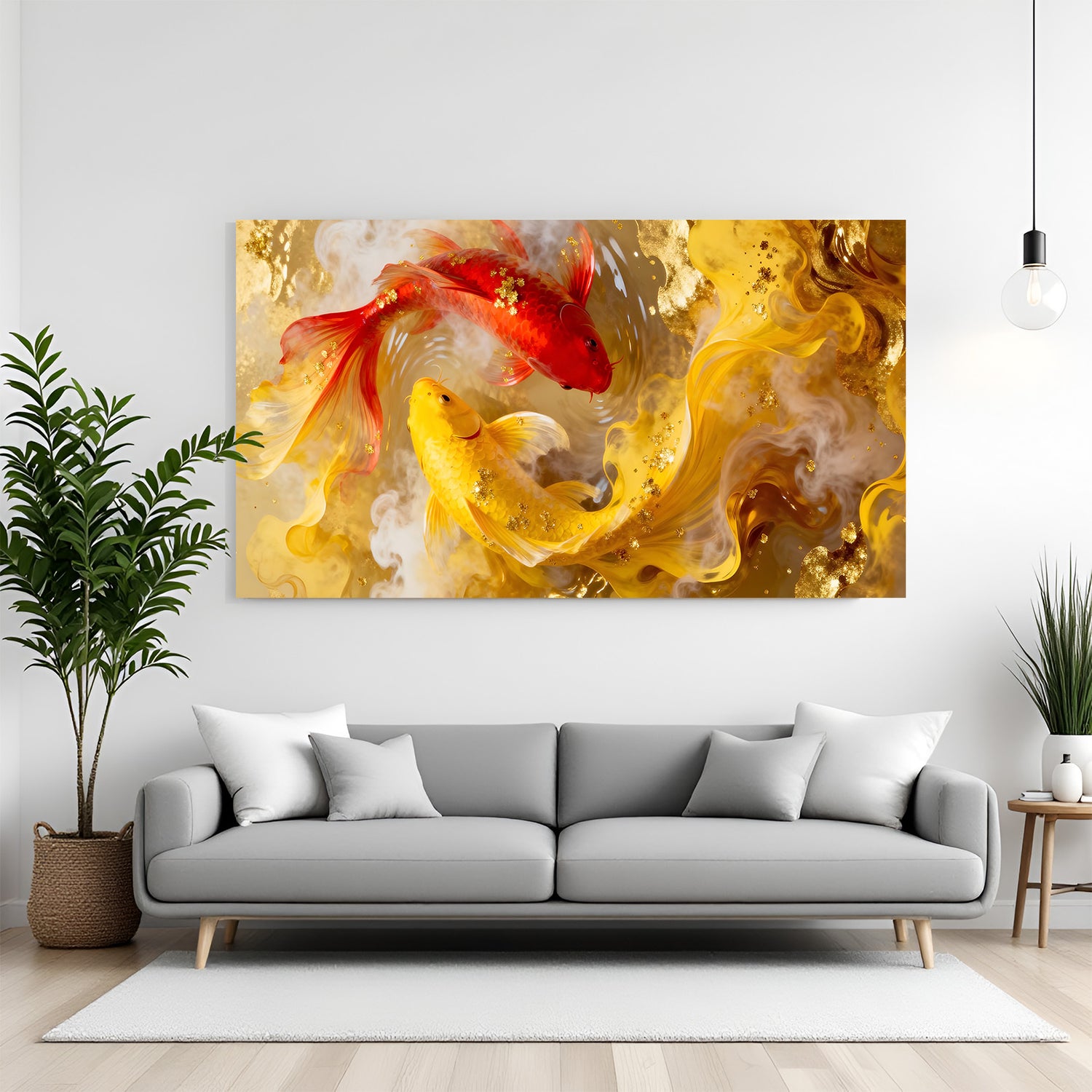 Gold-themed koi fish wall art featuring two vibrant fish swimming in swirling golden light in premium canvas wrapped frame