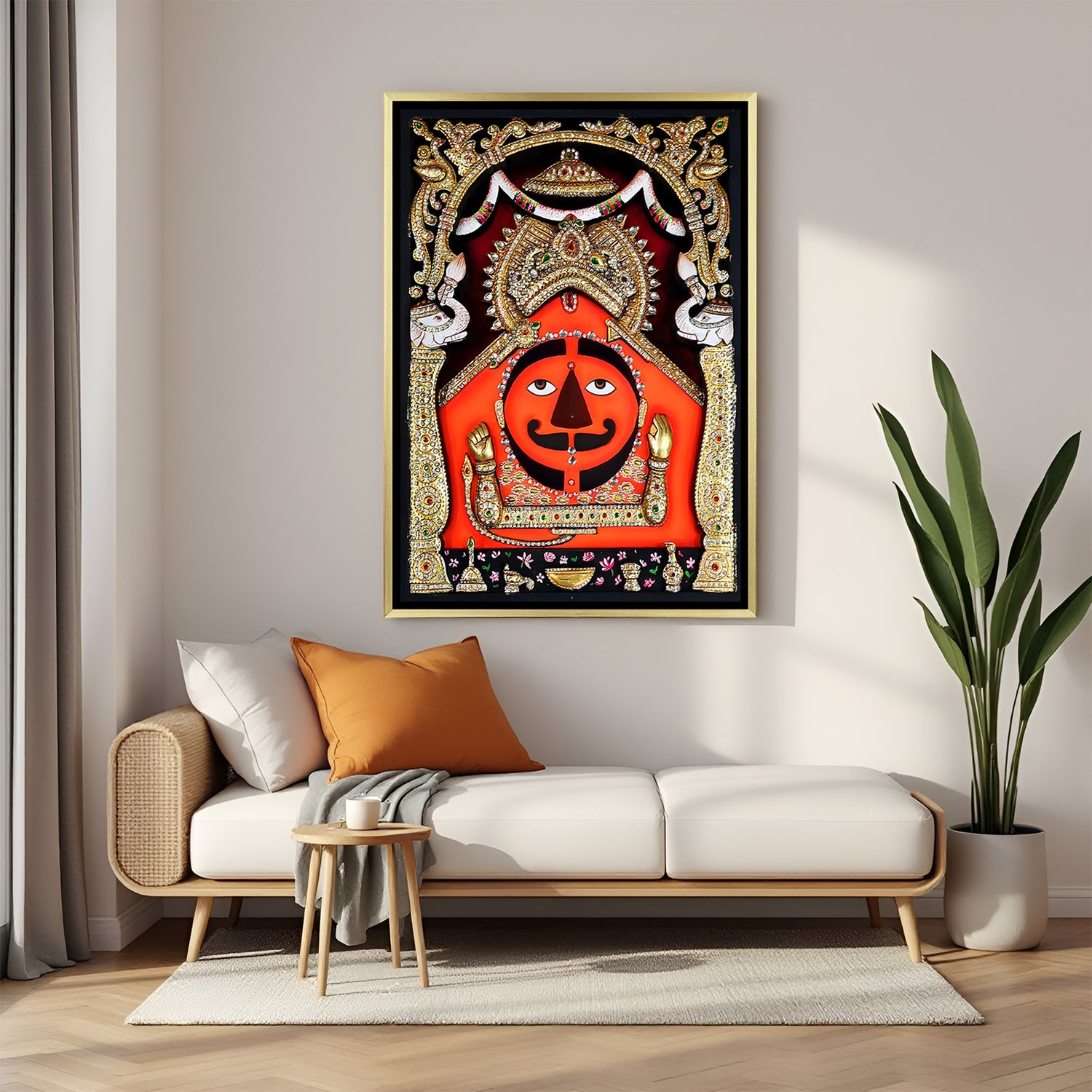 Golden Majesty Salasar Balaji artwork in luxury golden floater frame featuring intricate Indian craftsmanship