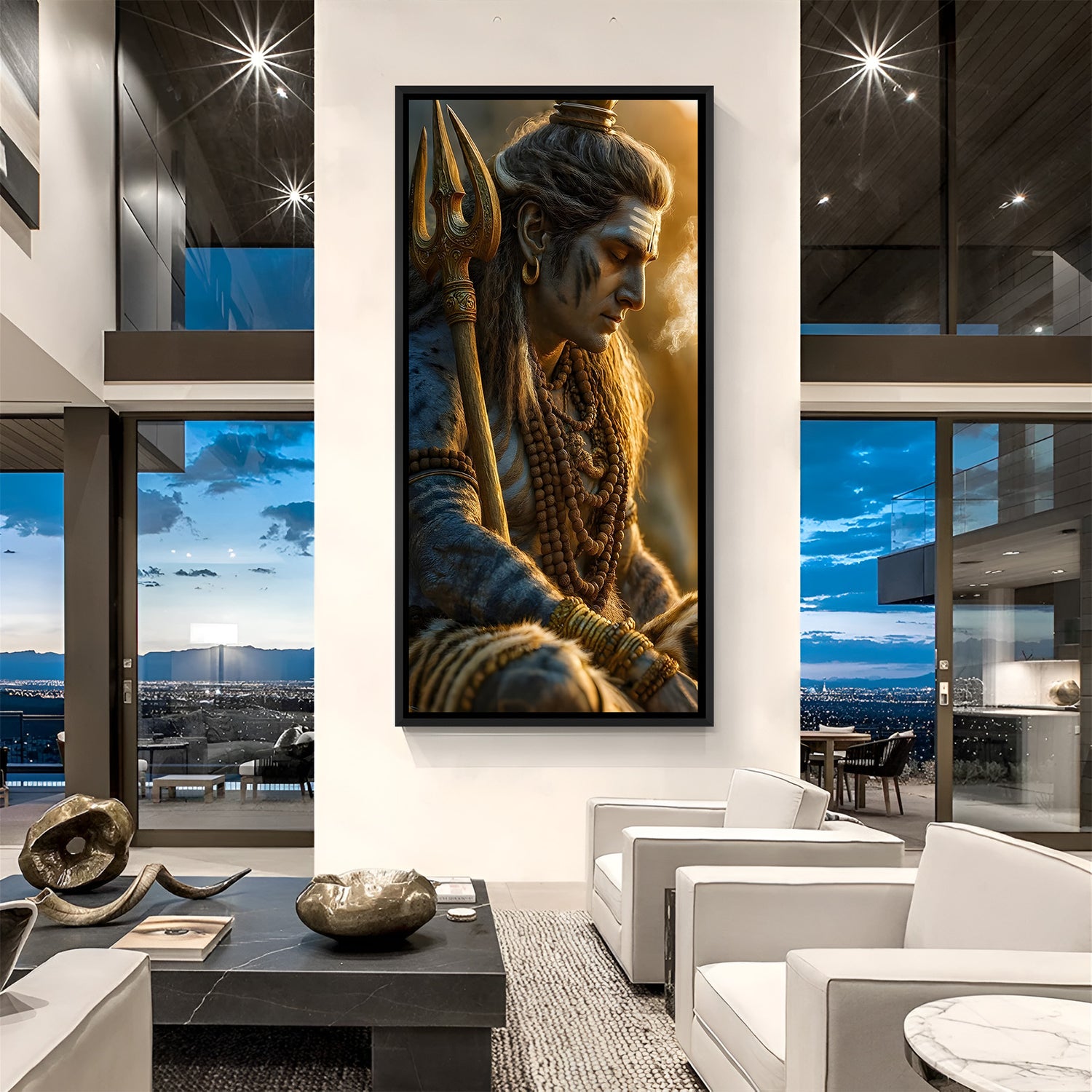 Shiva meditation wall art in black floater frame with trishul and golden spiritual glow modern home decor