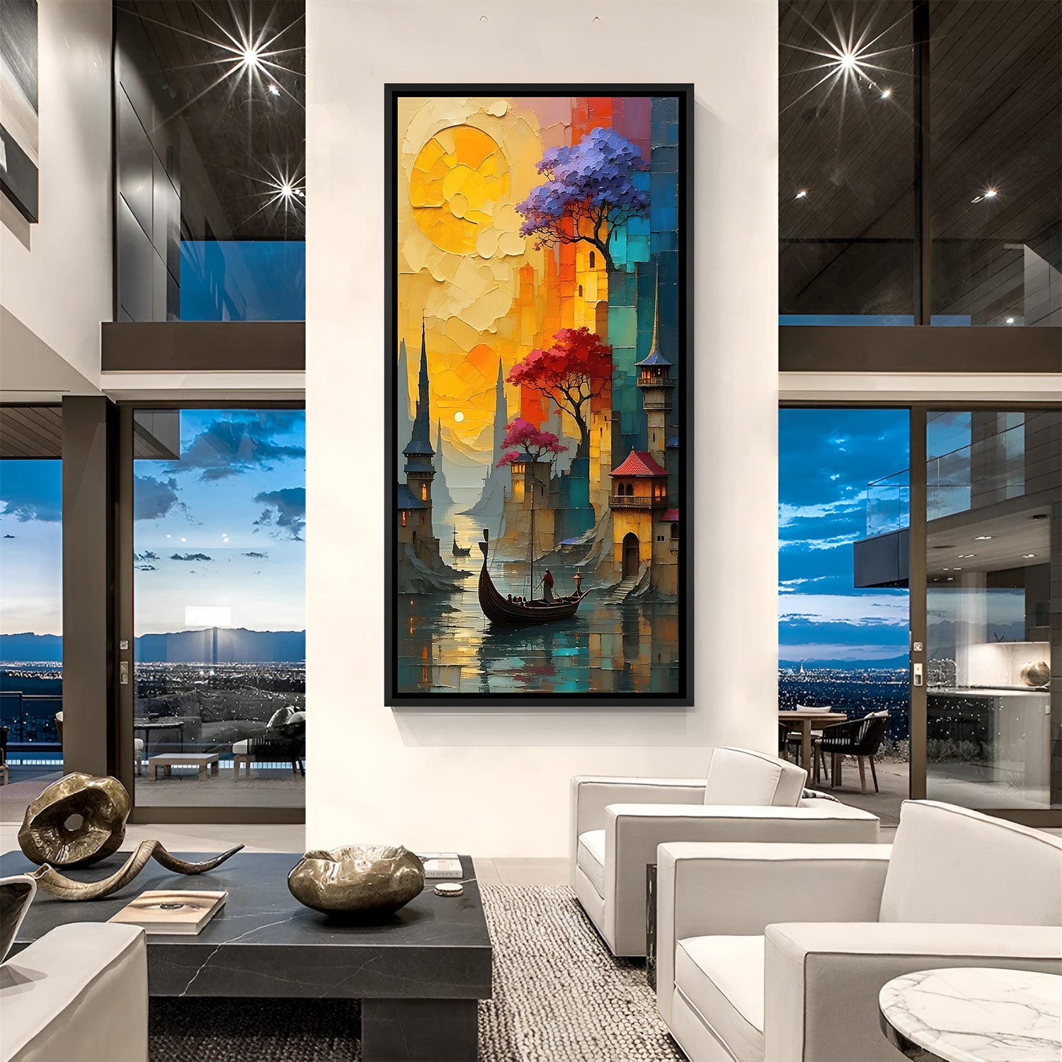 Modern vertical canal city painting in black floater frame with warm sunset tones and architectural skyline.