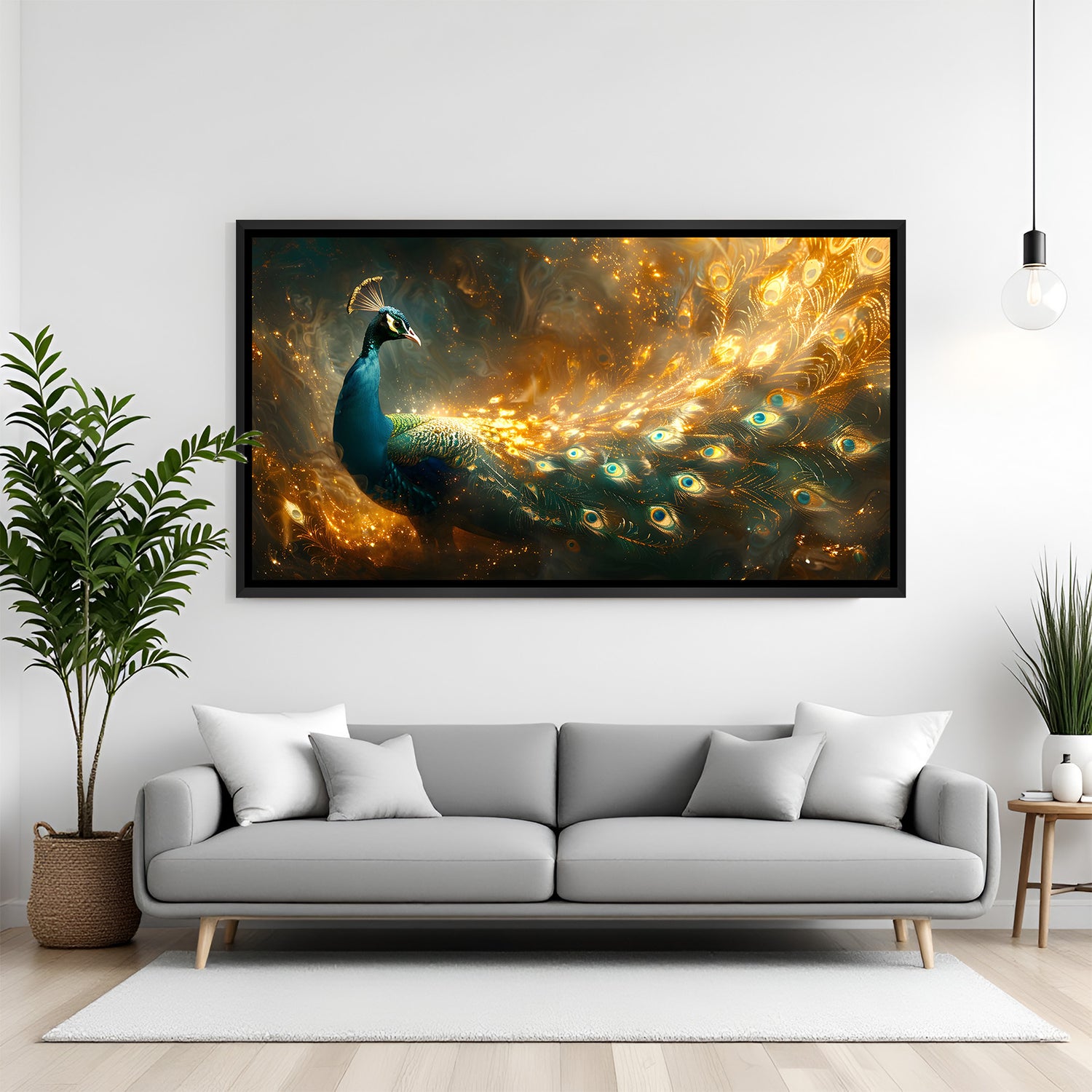 Elegant peacock panoramic artwork in sleek black floating frame above contemporary sofa.