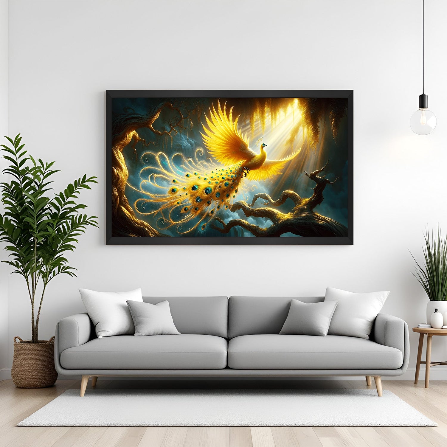 Golden phoenix vastu wall art in black floater frame for home or office, radiating positive transformation and balance through vastu energy