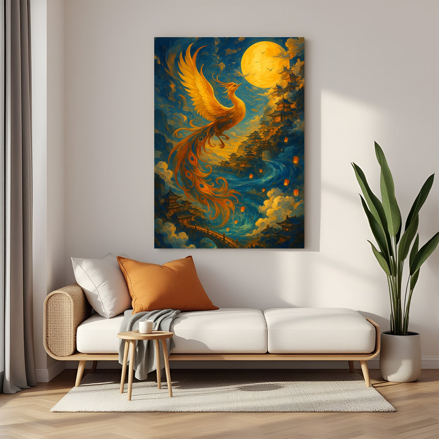 Golden phoenix moonlight canvas wall art wrapped on stretcher frame displayed in modern living room