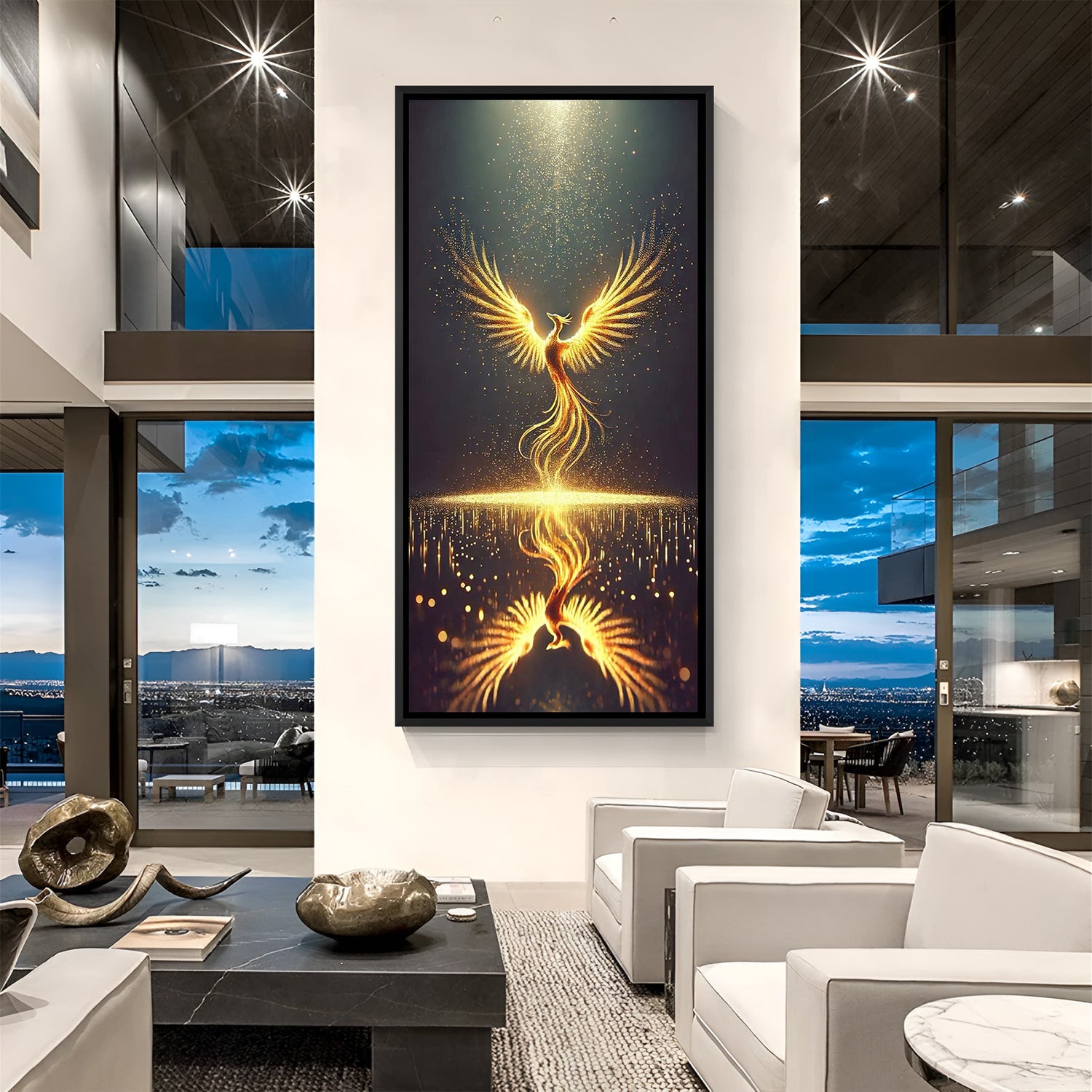 elegant golden phoenix wall art in black floater frame radiating power motivation and divine energy for living room or workspace