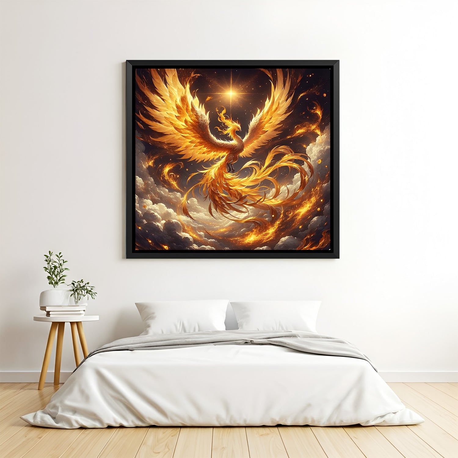 Luxury square phoenix artwork in black frame displayed above modern sofa.
