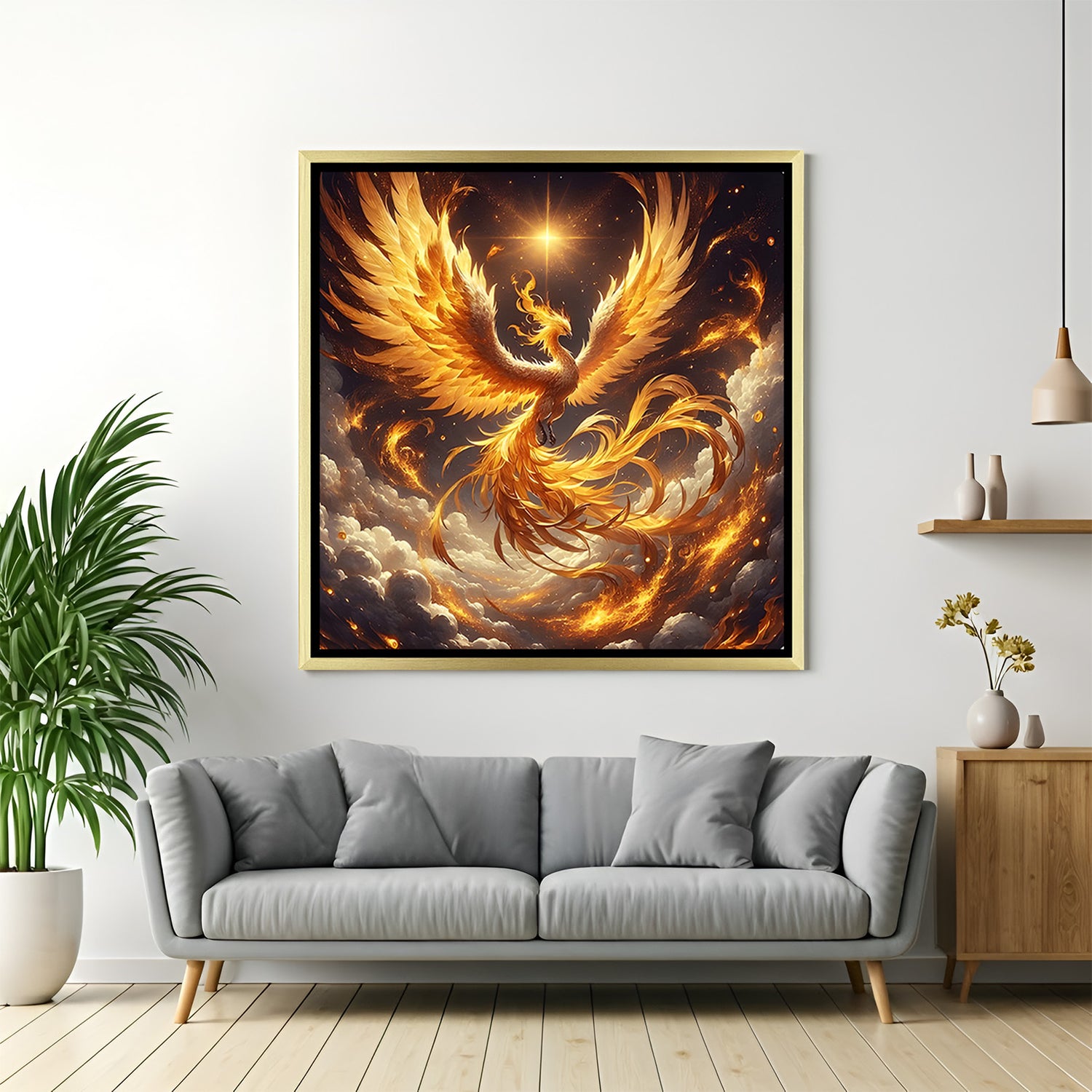Elegant square golden phoenix wall art in gold frame featuring celestial star and fiery clouds.