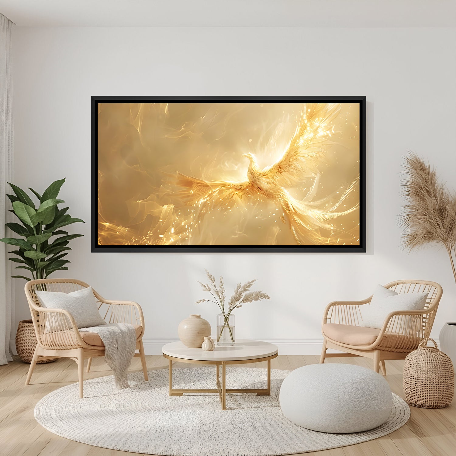 Luxury golden phoenix panorama artwork in sleek black frame displayed above modern grey sofa.