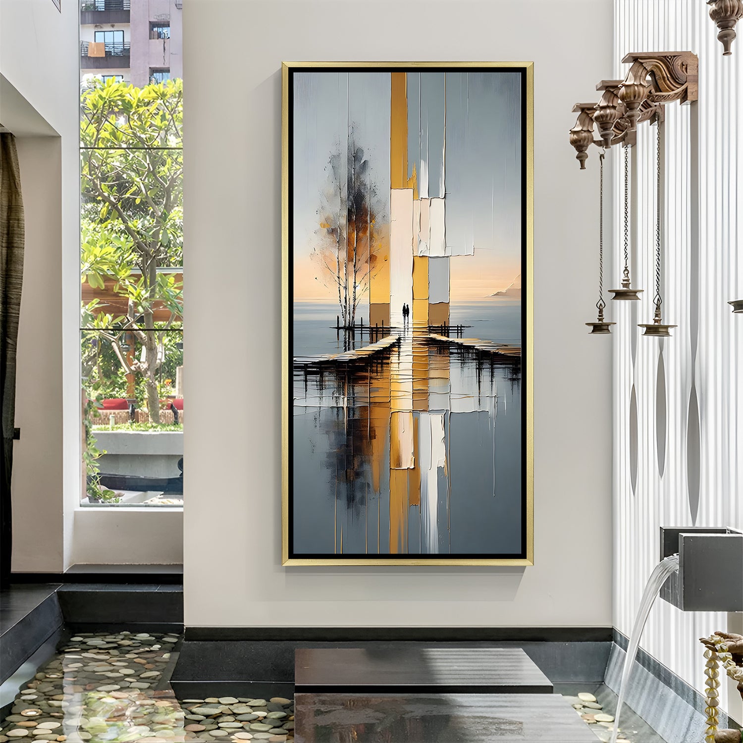 Luxury abstract landscape canvas painting in golden floater frame featuring reflective water and elegant geometric composition