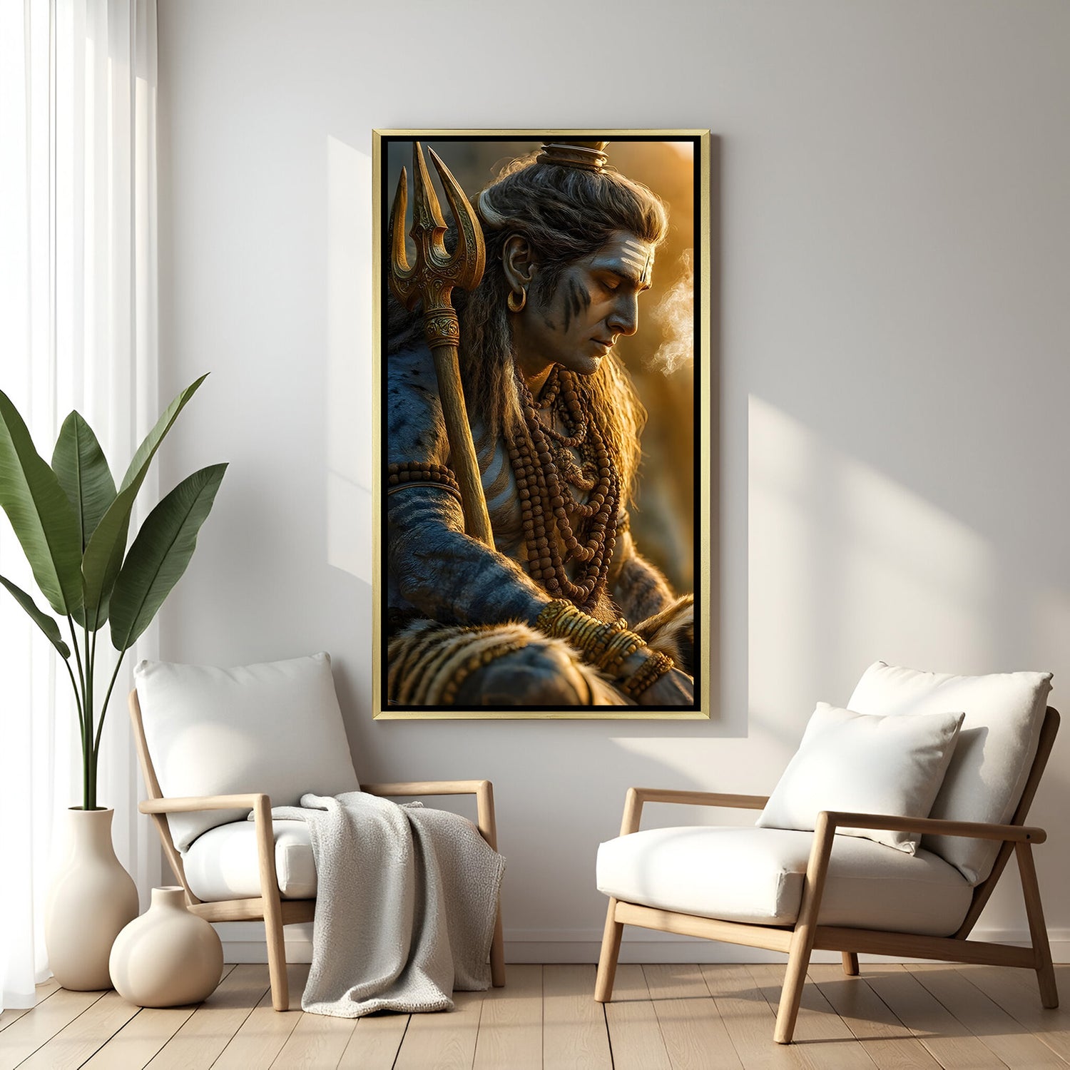 Golden Shiva portrait canvas wall art with gold floater frame sacred meditation decor artwork
