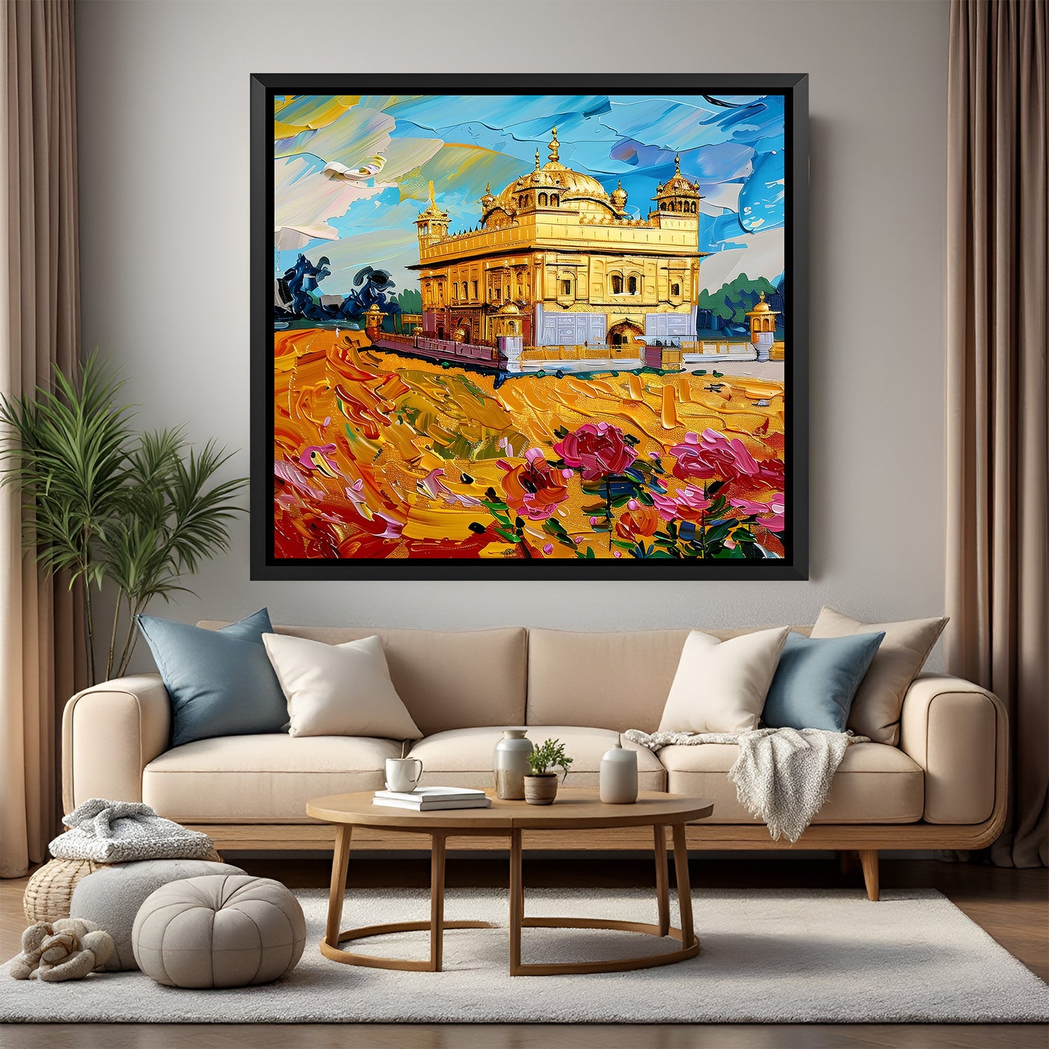 Golden Temple spiritual artwork in elegant black floater frame with luminous sacred ambiance