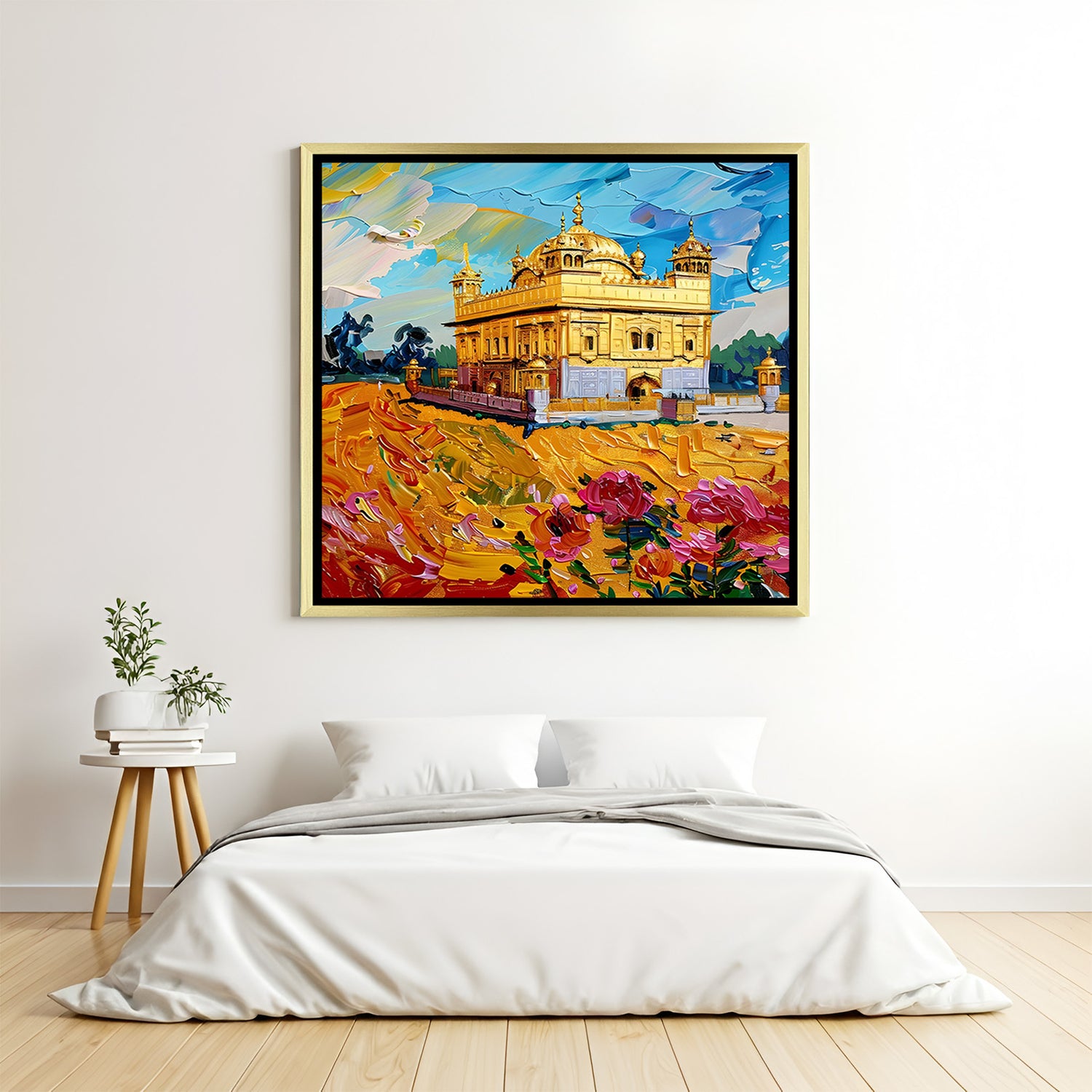 Golden Temple Celestial Harmony artwork in luxury golden floater frame showcasing divine beauty and peace