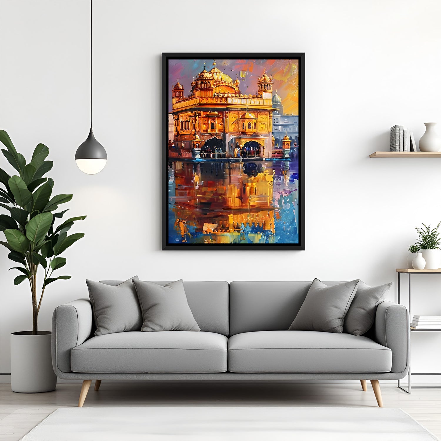 Golden Temple spiritual artwork in elegant black floater frame featuring luminous architecture and peaceful surroundings