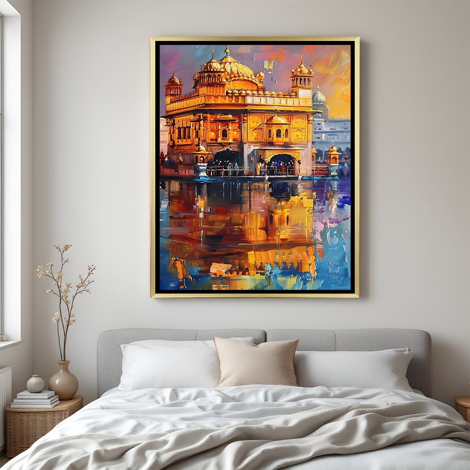 Golden Temple Celestial Serenity artwork in luxury golden floater frame with glowing sacred beauty