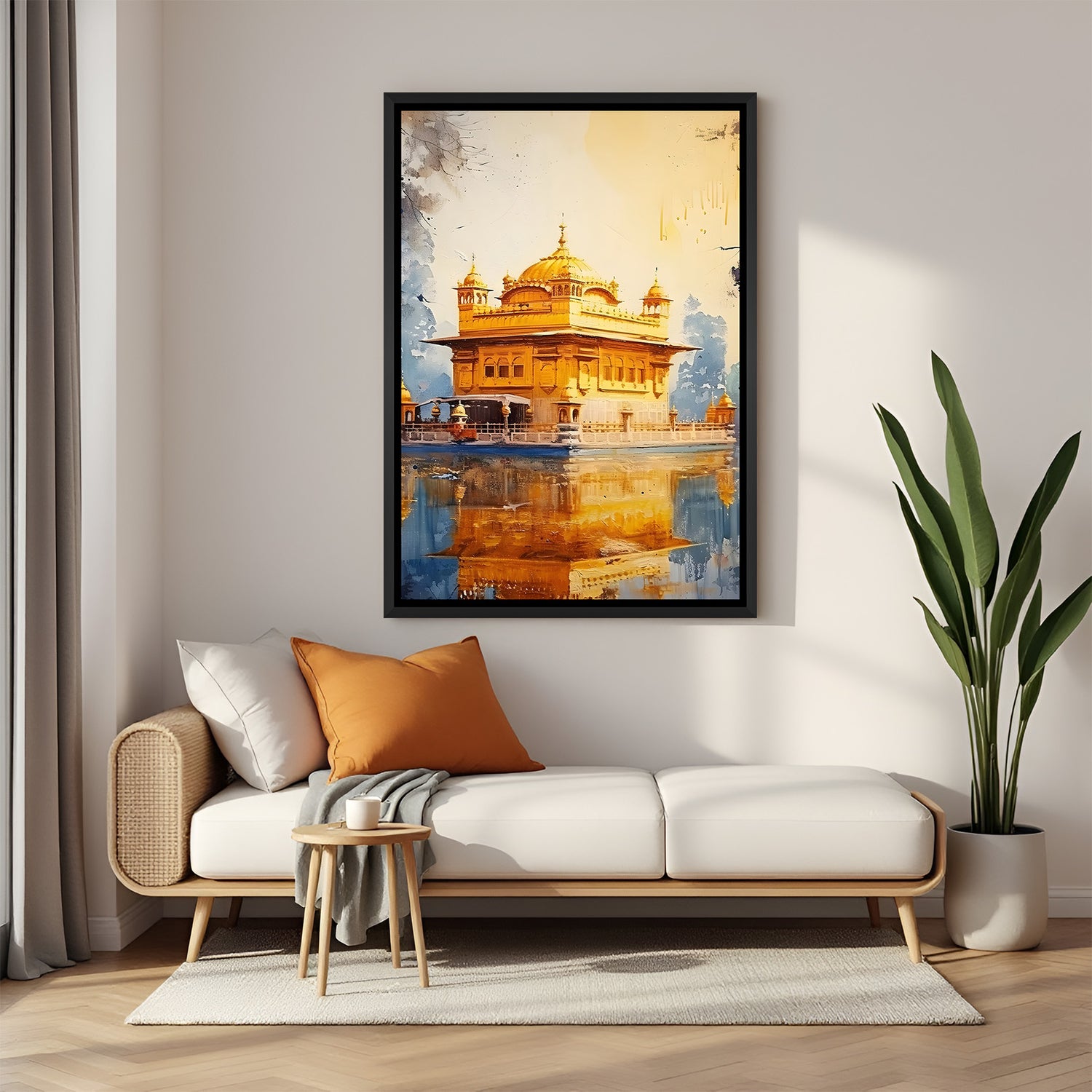 Golden Temple reflection artwork in elegant black floater frame featuring serene spiritual scenery