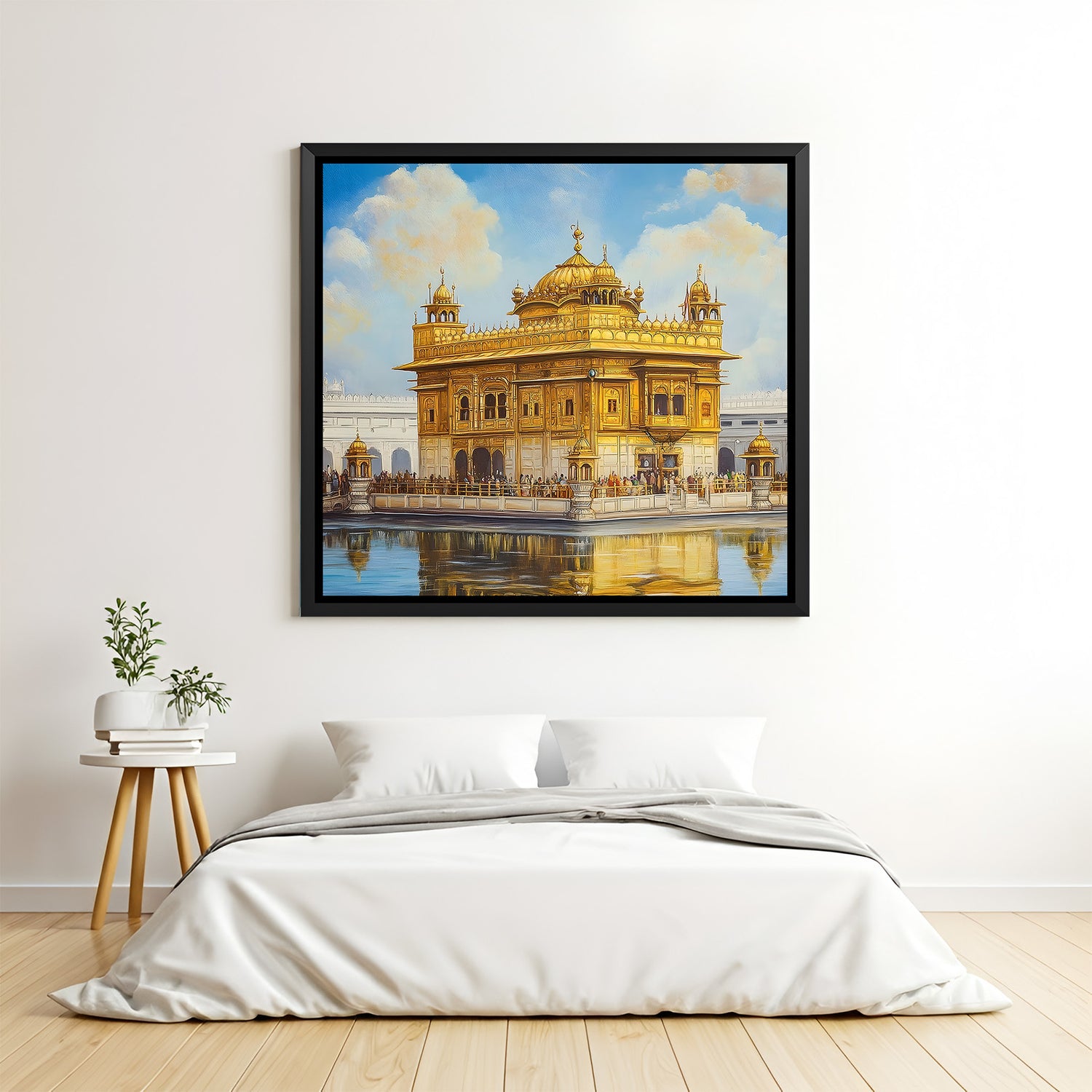 Golden Temple devotional artwork in elegant black floater frame featuring sacred beauty and peaceful ambiance