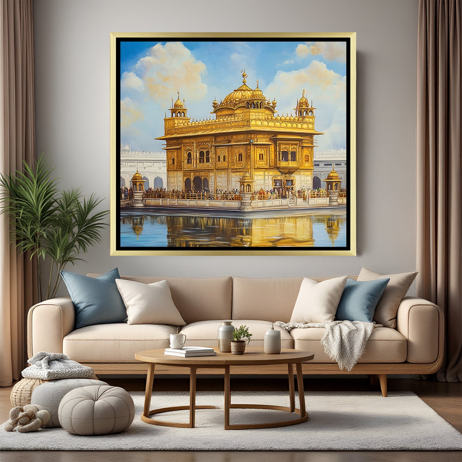 Golden Temple Eternal Devotion artwork in luxury golden floater frame showcasing divine Sikh heritage