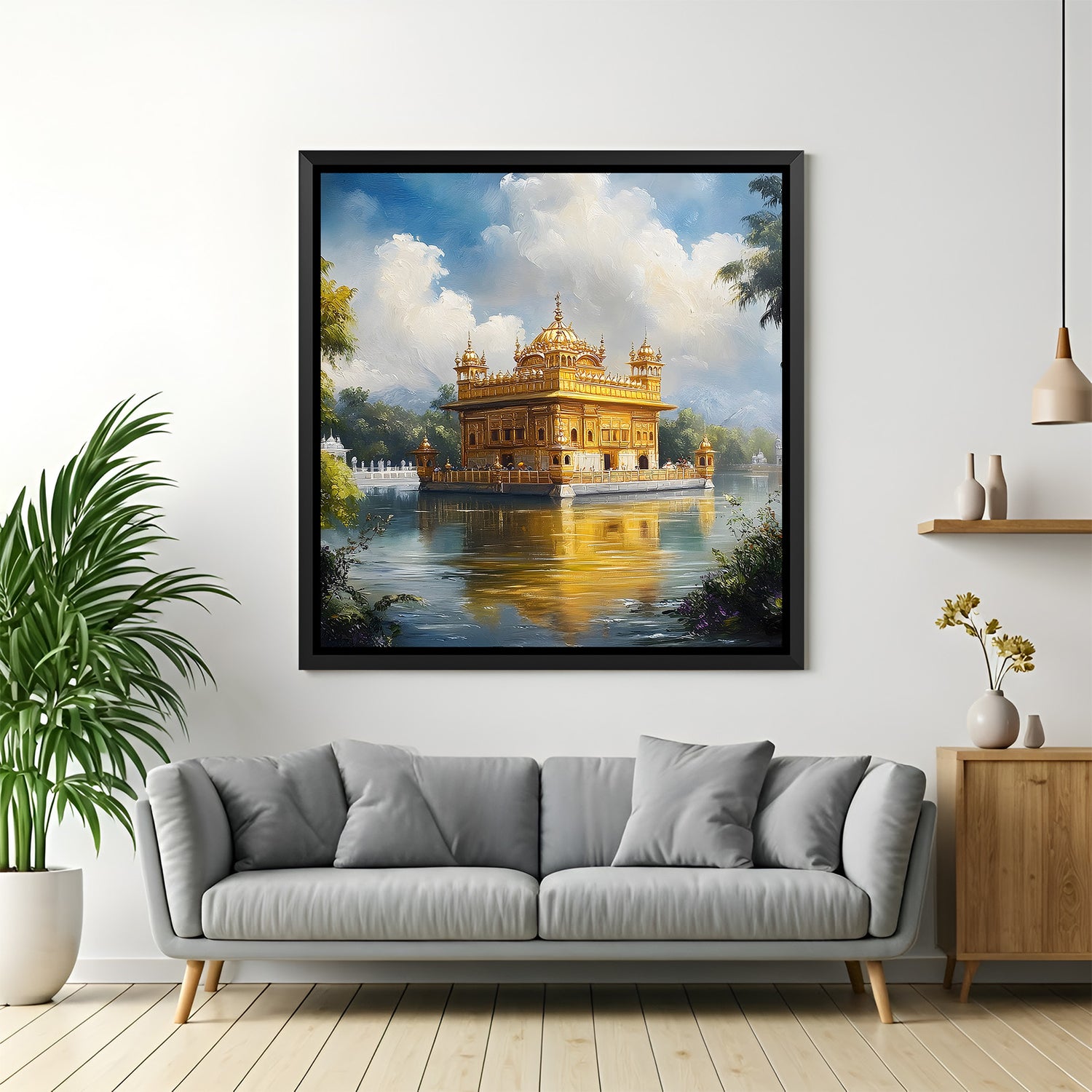 Golden Temple reflection artwork in elegant black floater frame featuring peaceful sacred surroundings