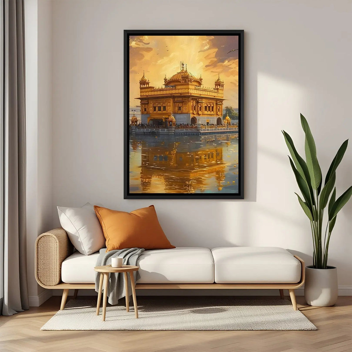 Golden Temple spiritual artwork in elegant black floater frame featuring radiant illumination and sacred beauty