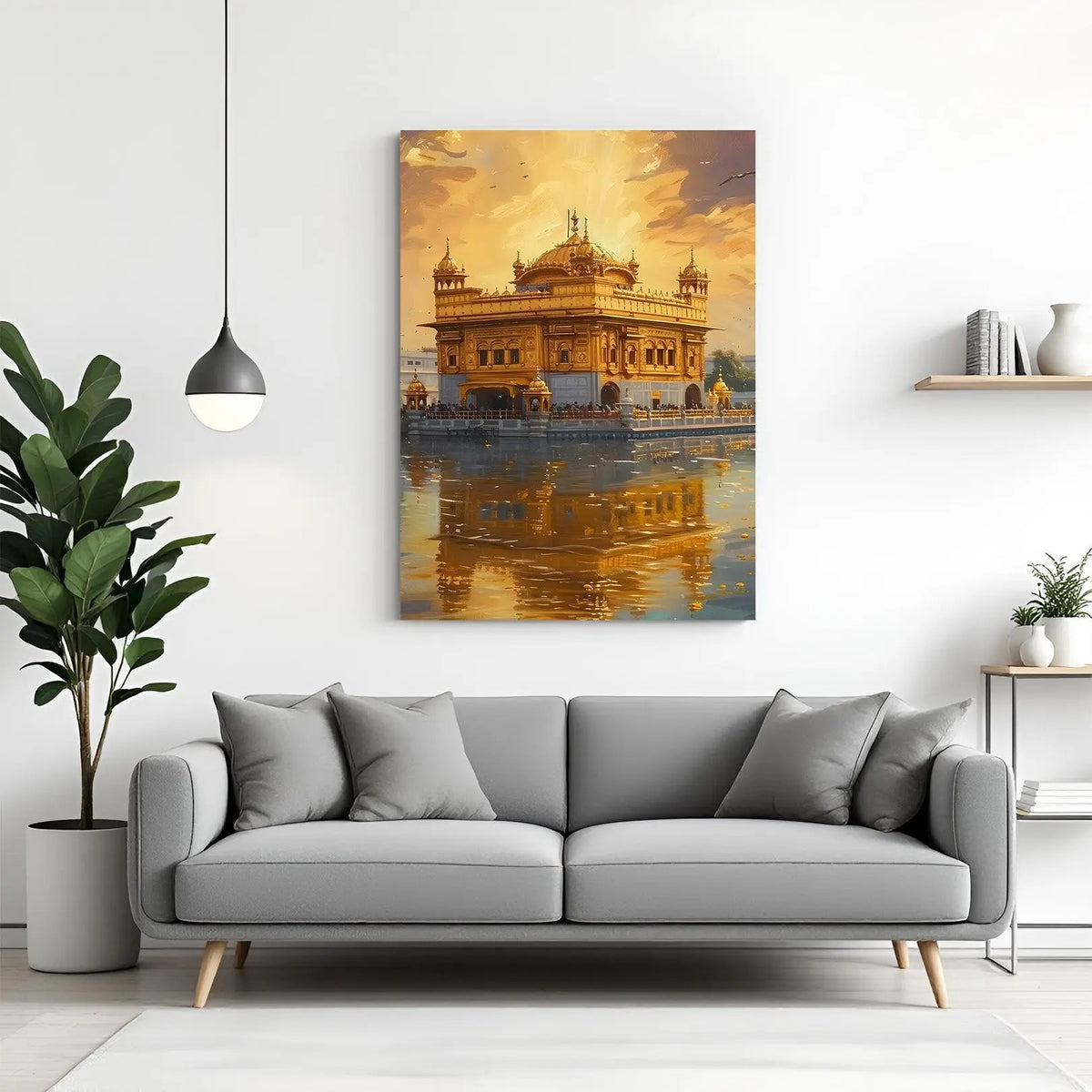 Golden Temple Sacred Dawn Radiance canvas wall art in premium canvas wrapped frame with glowing spiritual architecture