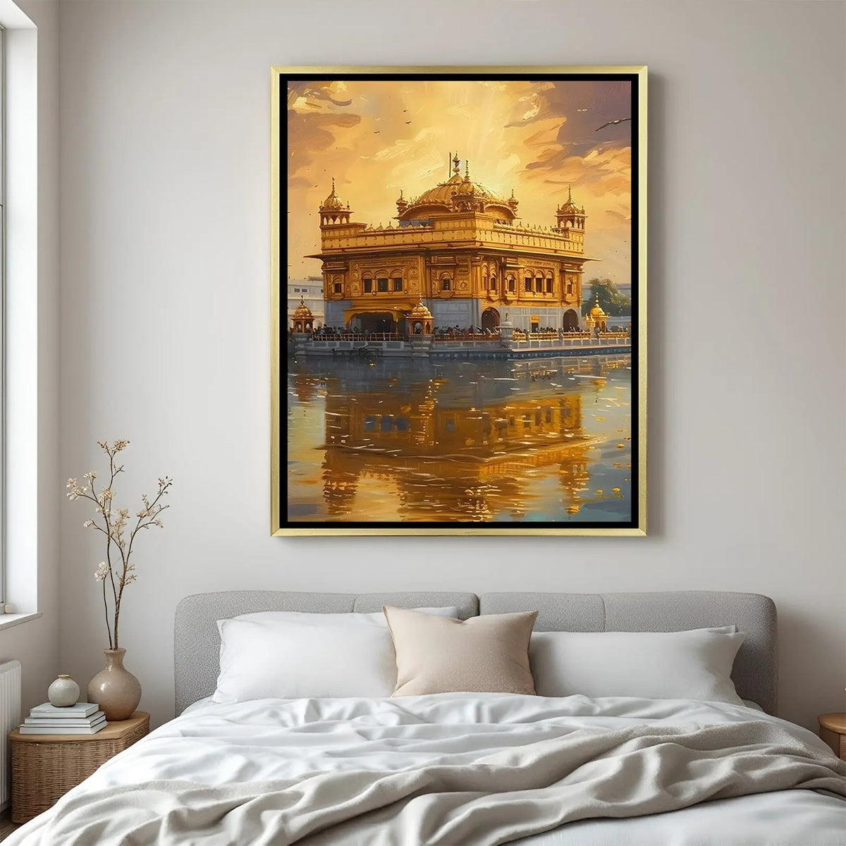 Golden Temple Sacred Dawn Radiance artwork in luxury golden floater frame with divine golden glow