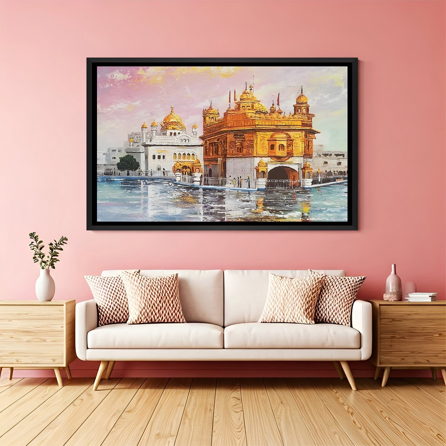 Golden Temple spiritual wall art in elegant black floater frame featuring illuminated architecture and reflections