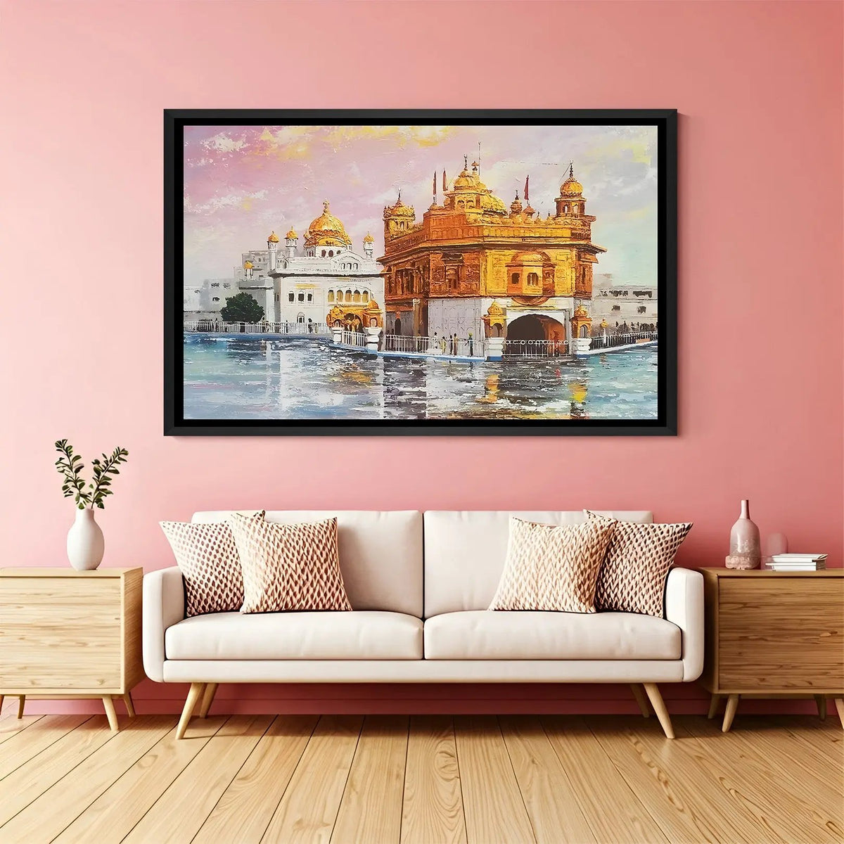 Golden Temple spiritual wall art in elegant black floater frame featuring illuminated architecture and reflections