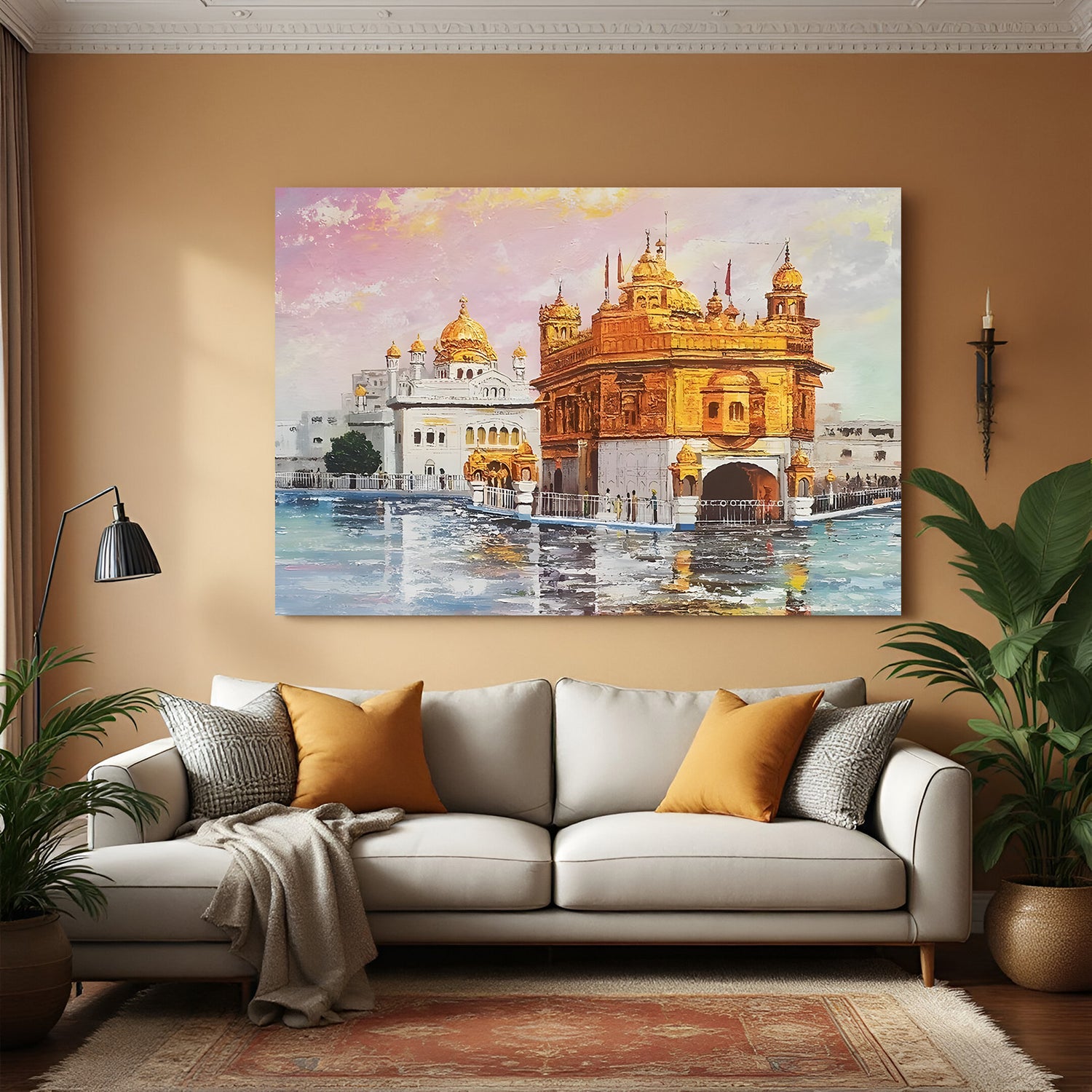Golden Temple sacred reflection canvas wall art in premium canvas wrapped frame with serene water reflections