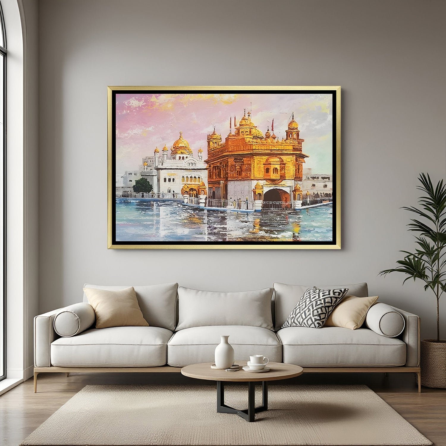 Golden Temple artwork in luxury golden floater frame with sacred reflections and devotional ambiance