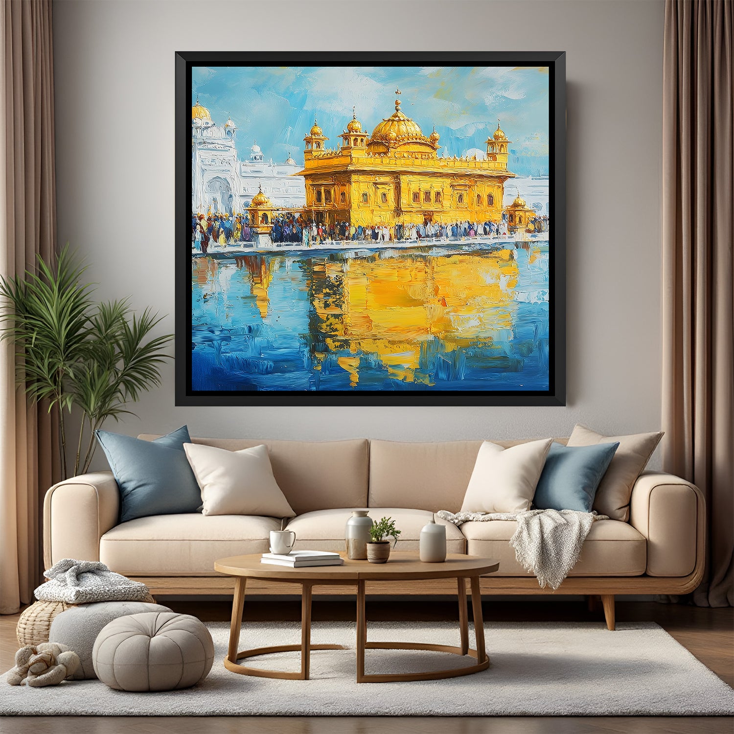 Golden Temple majestic wall artwork in elegant black floater frame with radiant spiritual ambiance