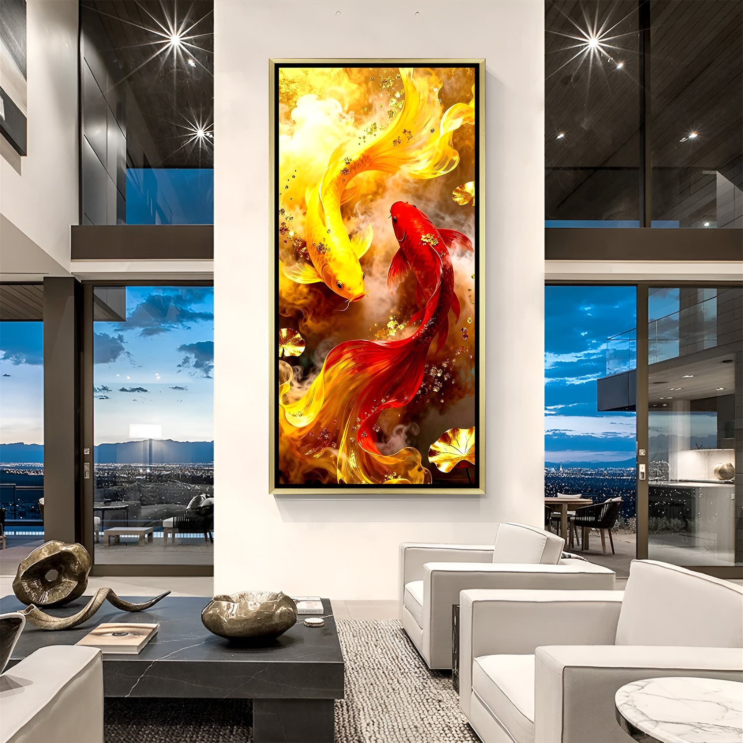 Golden Vortex Koi Elegance artwork in luxury golden floater frame featuring vibrant red and yellow fish