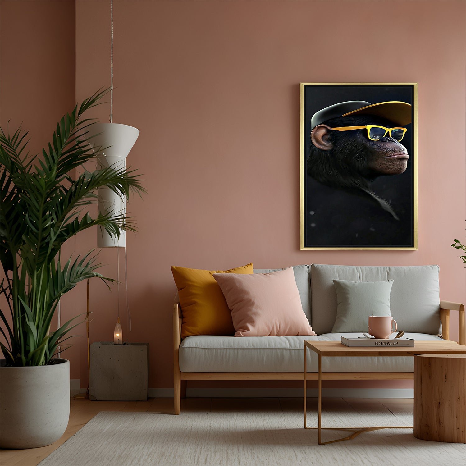 Funky gorilla in hat and shades canvas in golden floater frame, perfect wall art for edgy and creative interior designs