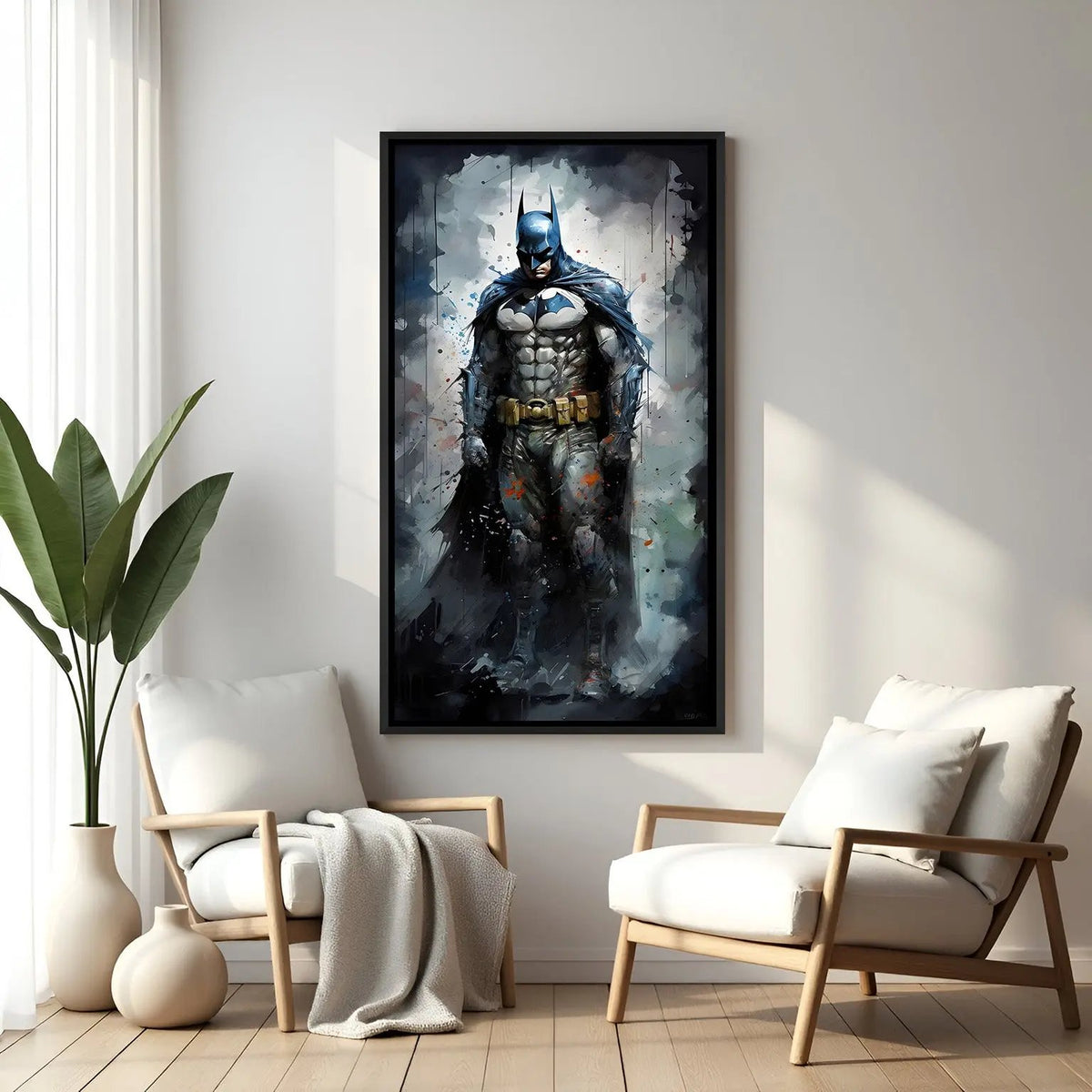 Batman superhero artwork in elegant black floater frame featuring painterly textures and heroic stance