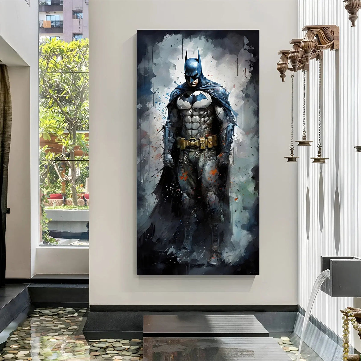 Batman standing alone canvas wall art in premium canvas wrapped frame with dramatic artistic superhero design