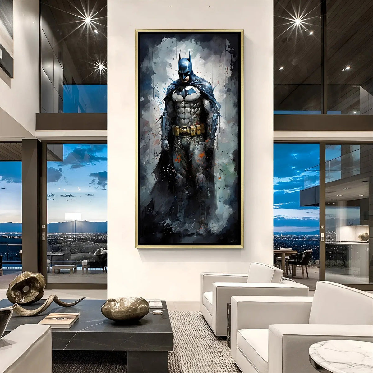 Luxury Batman canvas artwork in golden floater frame with modern artistic detailing and cinematic superhero presence
