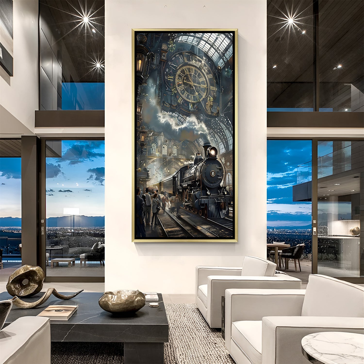 Grand Station Countdown canvas print in luxury golden floater frame showcasing a bustling station scene with a train and large clock